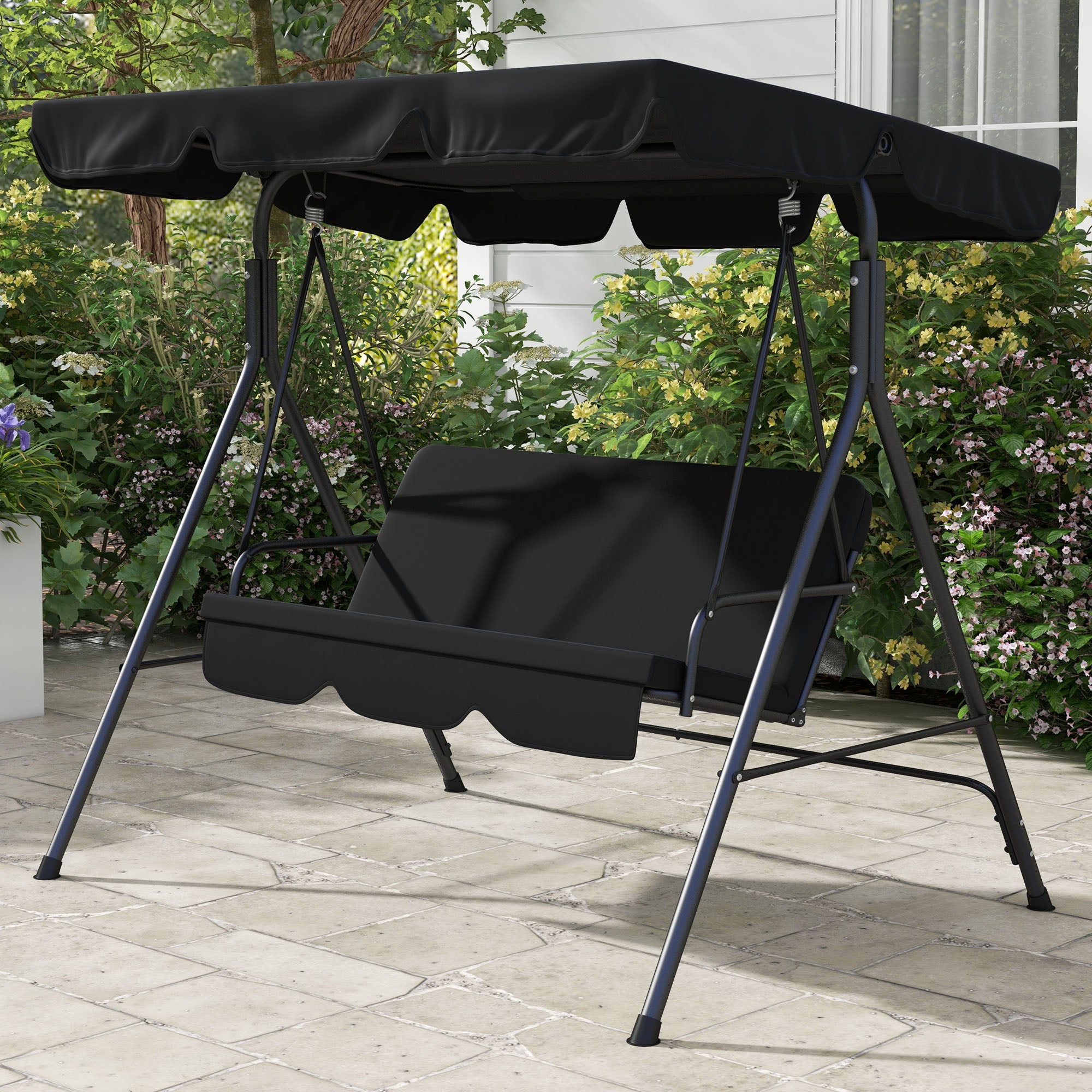 Outsunny Columpio de Jardín de 3 Plazas Balancín Exterior con Techo Ajustable y Marco de Acero para Balcón Terraza Patio Carga 200 kg 172x110x153 cm Negro