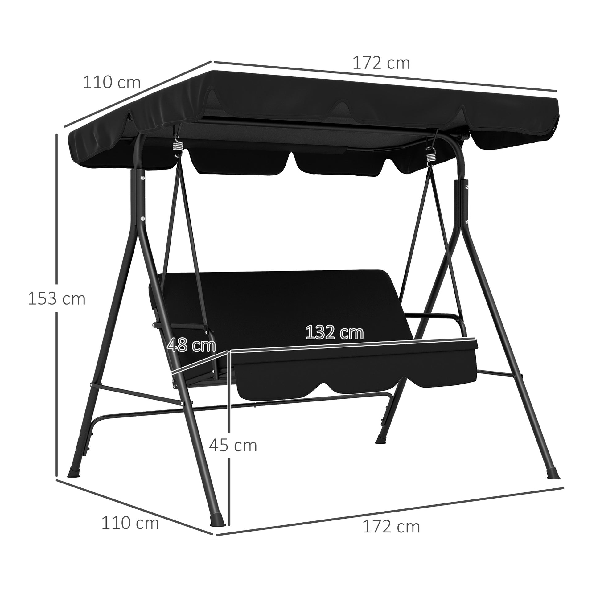 Outsunny Columpio de Jardín de 3 Plazas Balancín Exterior con Techo Ajustable y Marco de Acero para Balcón Terraza Patio Carga 200 kg 172x110x153 cm Negro
