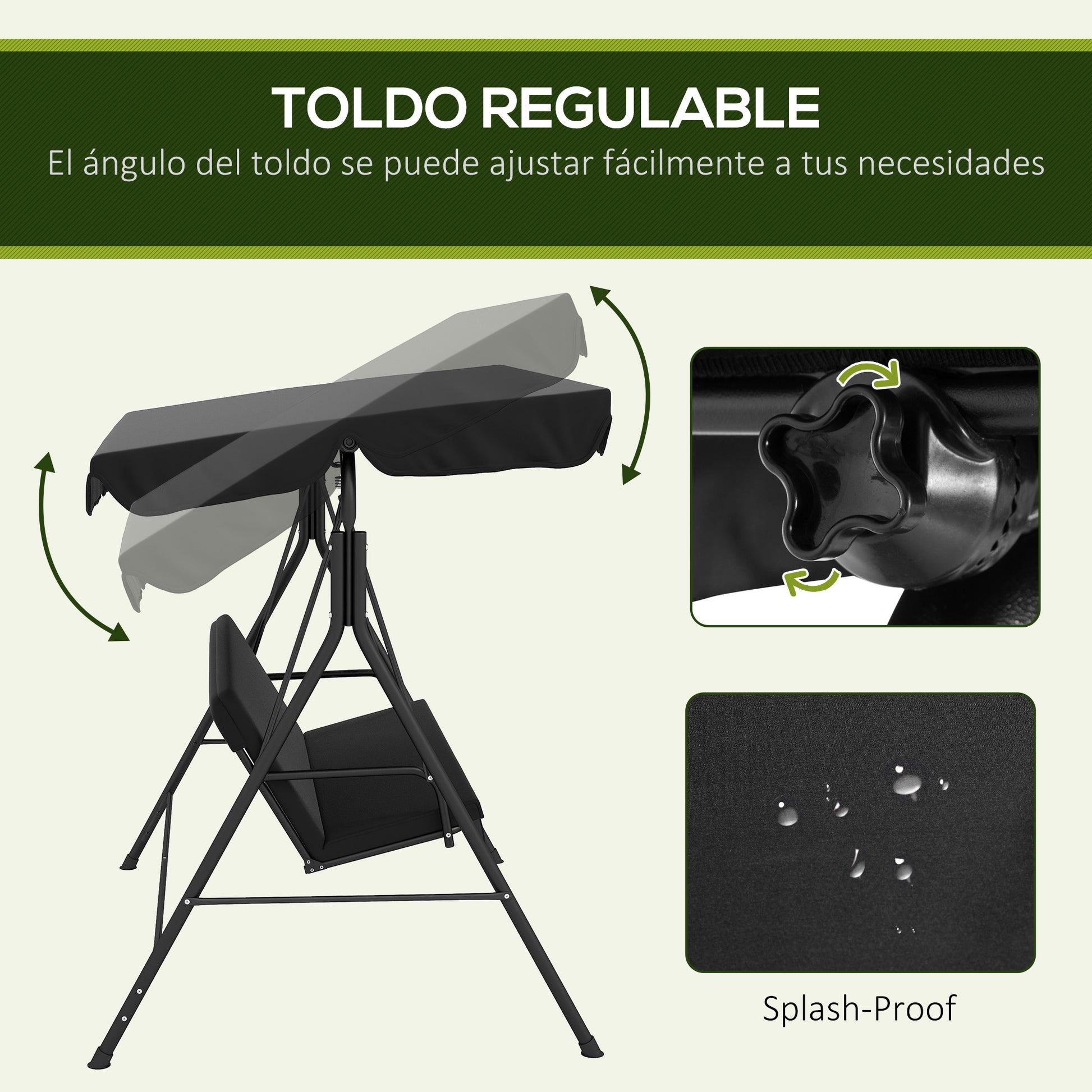 Outsunny Columpio de Jardín de 3 Plazas Balancín Exterior con Techo Ajustable y Marco de Acero para Balcón Terraza Patio Carga 200 kg 172x110x153 cm Negro