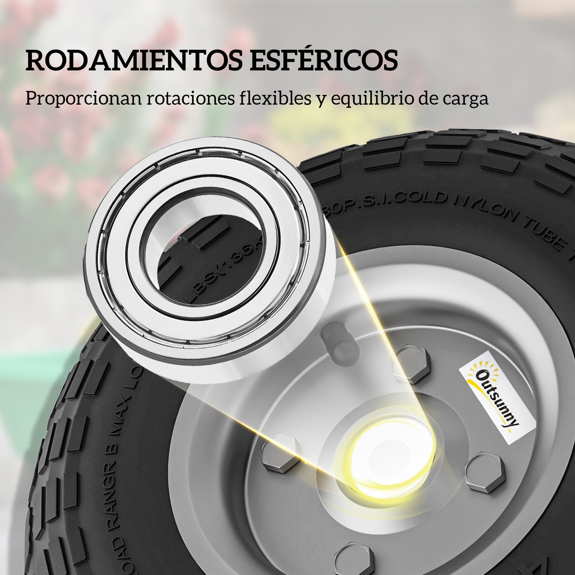 Outsunny Juego de 4 Ruedas para Carretilla, Neumáticos de Goma Ø255 x 75 mm, Ruedas de Repuesto, Eje de 16 mm, Carga 80 kg, para Carros de Mano y Carritos de Jardín, Negro
