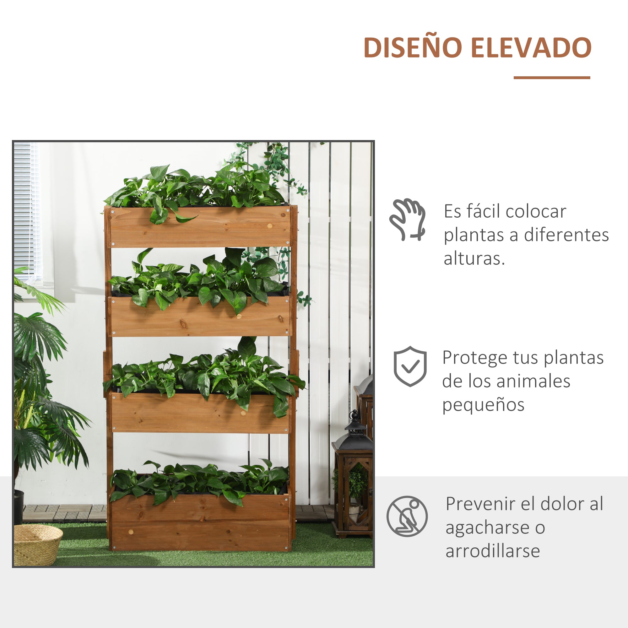 Outsunny Jardinera de Madera de 4 Niveles, Jardinera Exterior Elevada con Orificios de Drenaje y Tela no Tejida, Macetero para Cultivos, Plantas, Flores, para Terraza, Jardín, 80x45x142 cm, Naranja