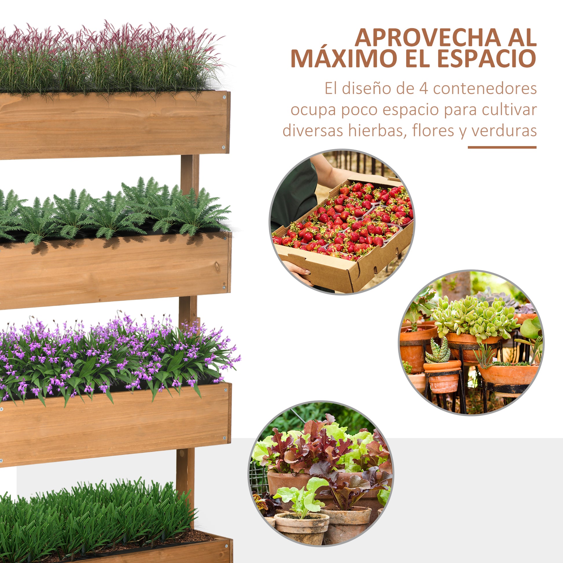 Outsunny Jardinera de Madera de 4 Niveles, Jardinera Exterior Elevada con Orificios de Drenaje y Tela no Tejida, Macetero para Cultivos, Plantas, Flores, para Terraza, Jardín, 80x45x142 cm, Naranja
