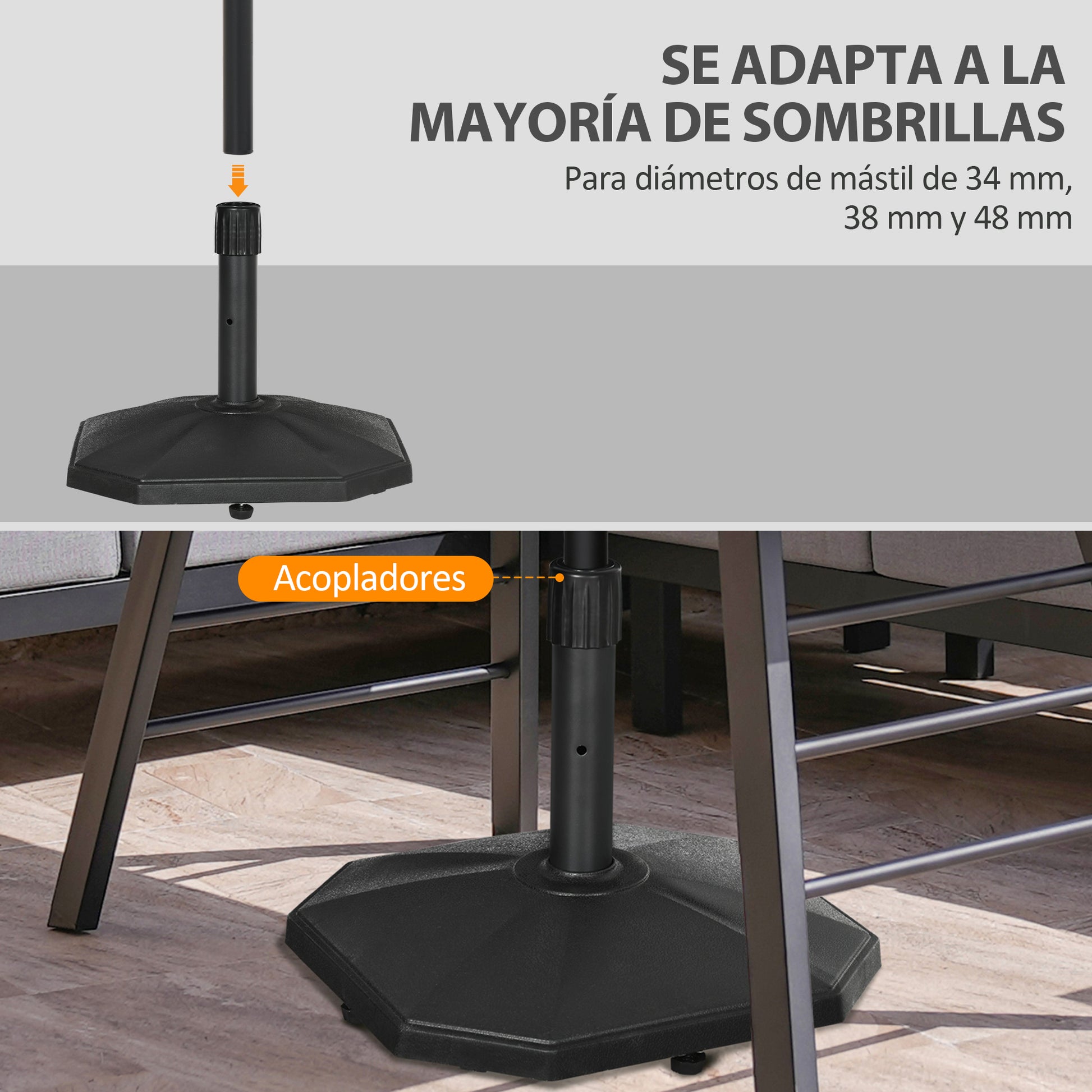 Outsunny Base de Sombrilla Peso 18 kg Soporte para Parasol de Cemento para Mástil de Ø32/34/38 mm Pie de Parasol para Jardín Balcón 46x46x39 cm Negro