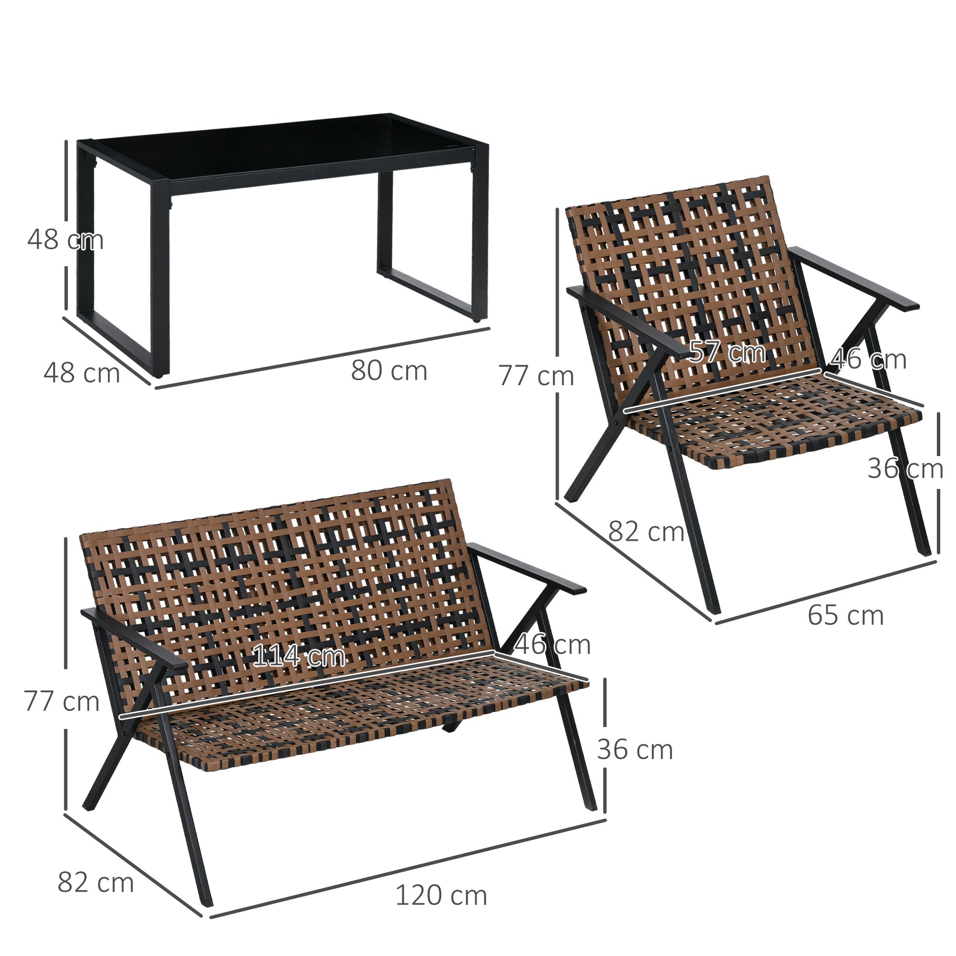Outsunny Conjunto de Jardín de Ratán Sintético Juego de 4 Piezas Muebles de Jardín con 2 Sofás Individuales 1 Sofá de 2 Plazas y 1 Mesa de Vidrio Templado Anti-UV para Terraza Patio Marrón y Negro