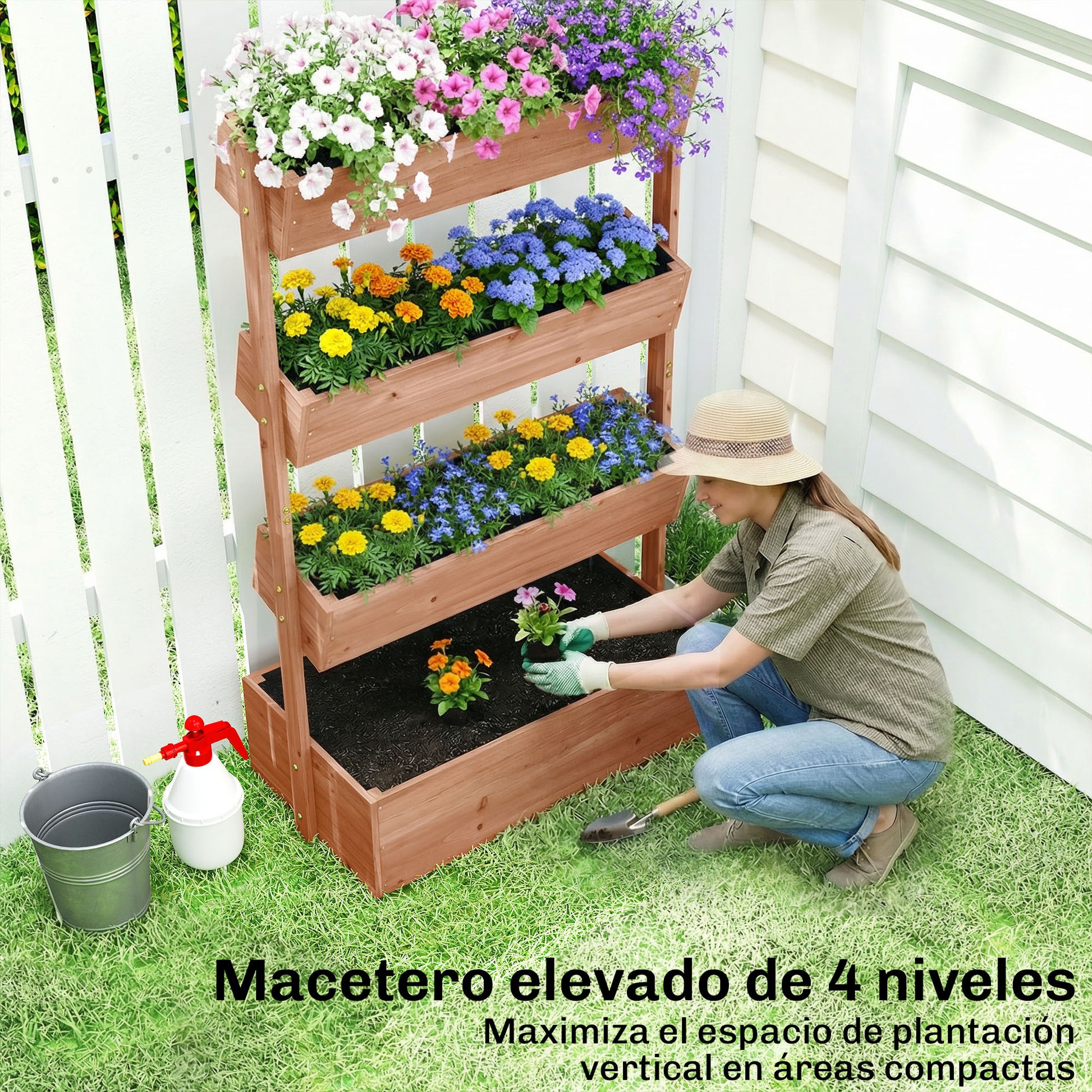 Outsunny Jardinera de Madera de 4 Niveles, Jardinera Exterior Elevada con Orificios de Drenaje y Tela no Tejida, Macetero para Cultivos, Plantas, Flores, para Terraza, Jardín, 85x45x140 cm, Marrón