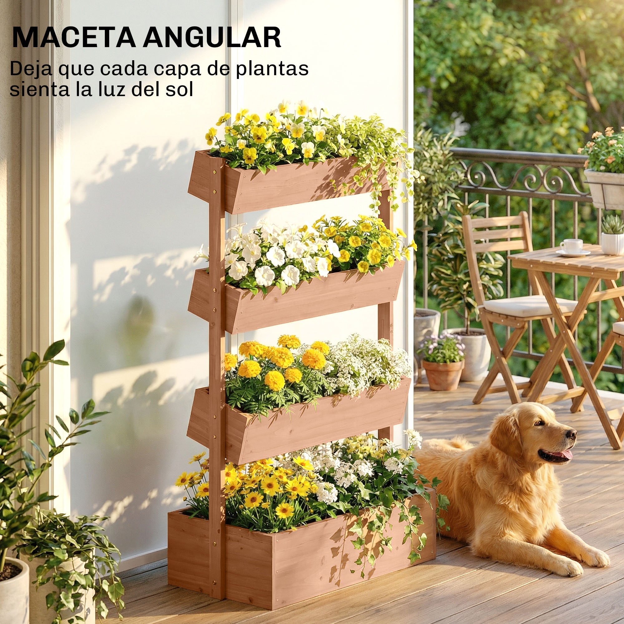 Outsunny Jardinera de Madera de 4 Niveles, Jardinera Exterior Elevada con Orificios de Drenaje y Tela no Tejida, Macetero para Cultivos, Plantas, Flores, para Terraza, Jardín, 85x45x140 cm, Marrón