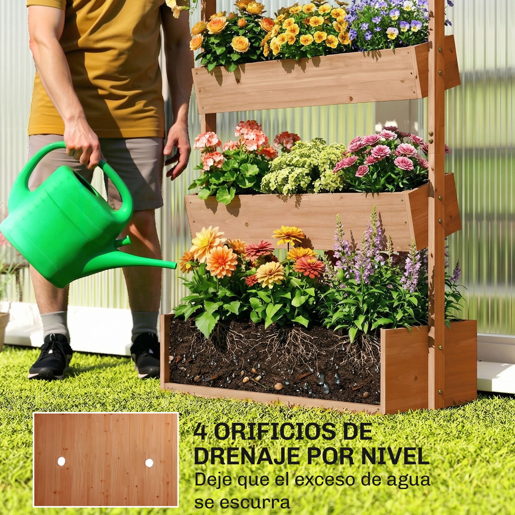 Outsunny Jardinera de Madera de 4 Niveles, Jardinera Exterior Elevada con Orificios de Drenaje y Tela no Tejida, Macetero para Cultivos, Plantas, Flores, para Terraza, Jardín, 85x45x140 cm, Marrón