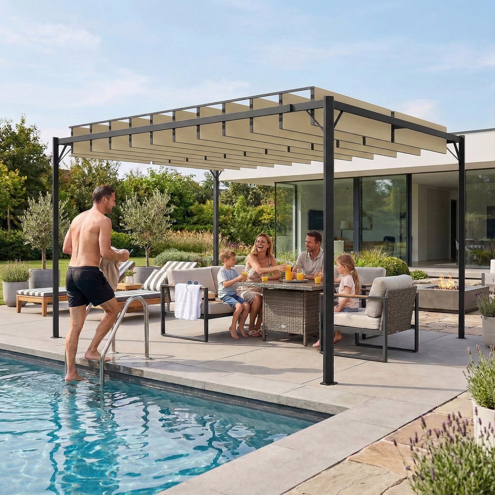 Outsunny Pérgola de Jardín 3x4 m, Cenador de Jardín con Techo de Lamas Orientables, Estructura de Metal, Protección UPF50+, Pabellón para Exterior, Patio, Terraza, Blanco Crema