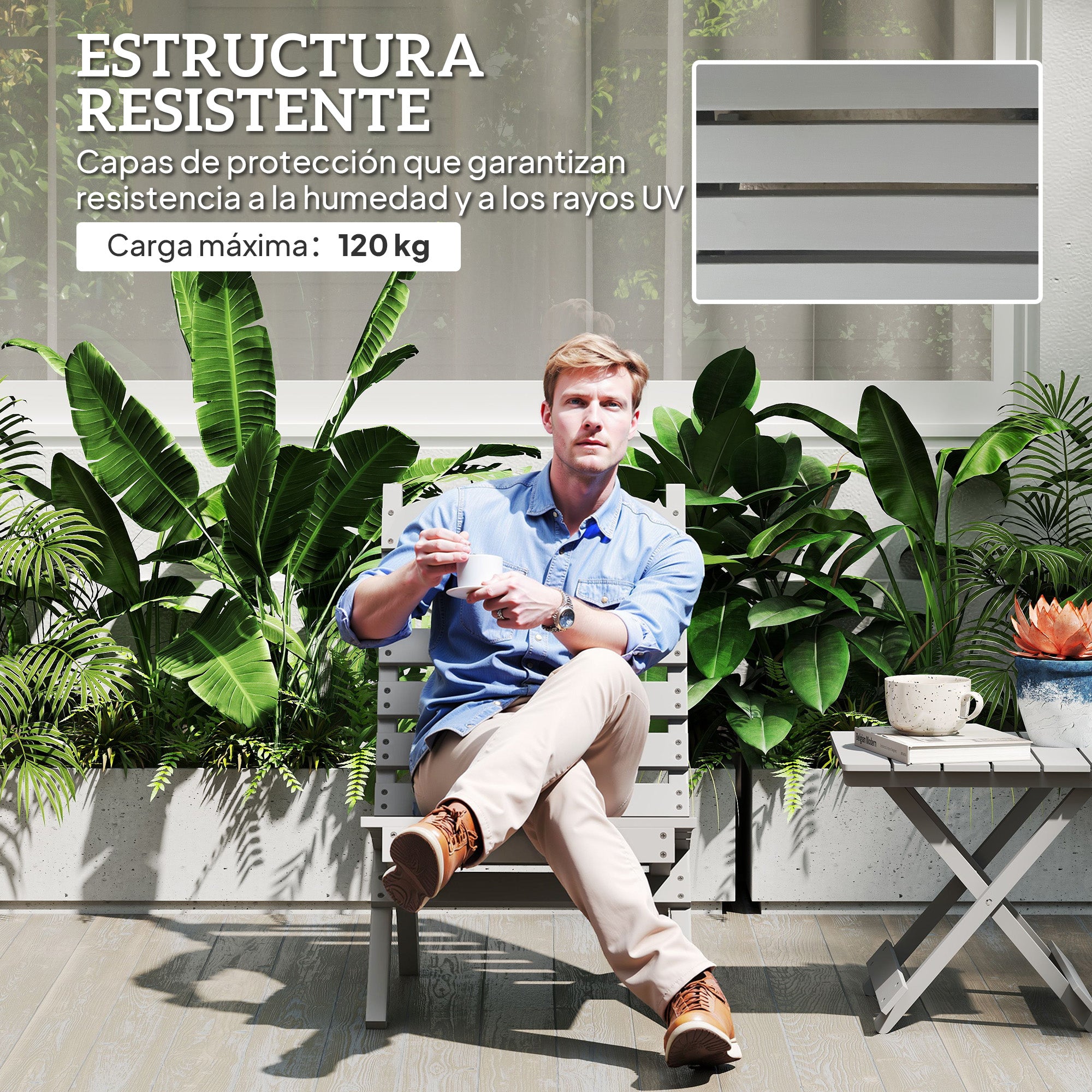 Outsunny Silla de Jardín de Madera Silla de Exterior con Diseno Listones y Respaldo Inclinado Carga 120 kg para Balcón Patio Terraza 78x48x76 cm Gris