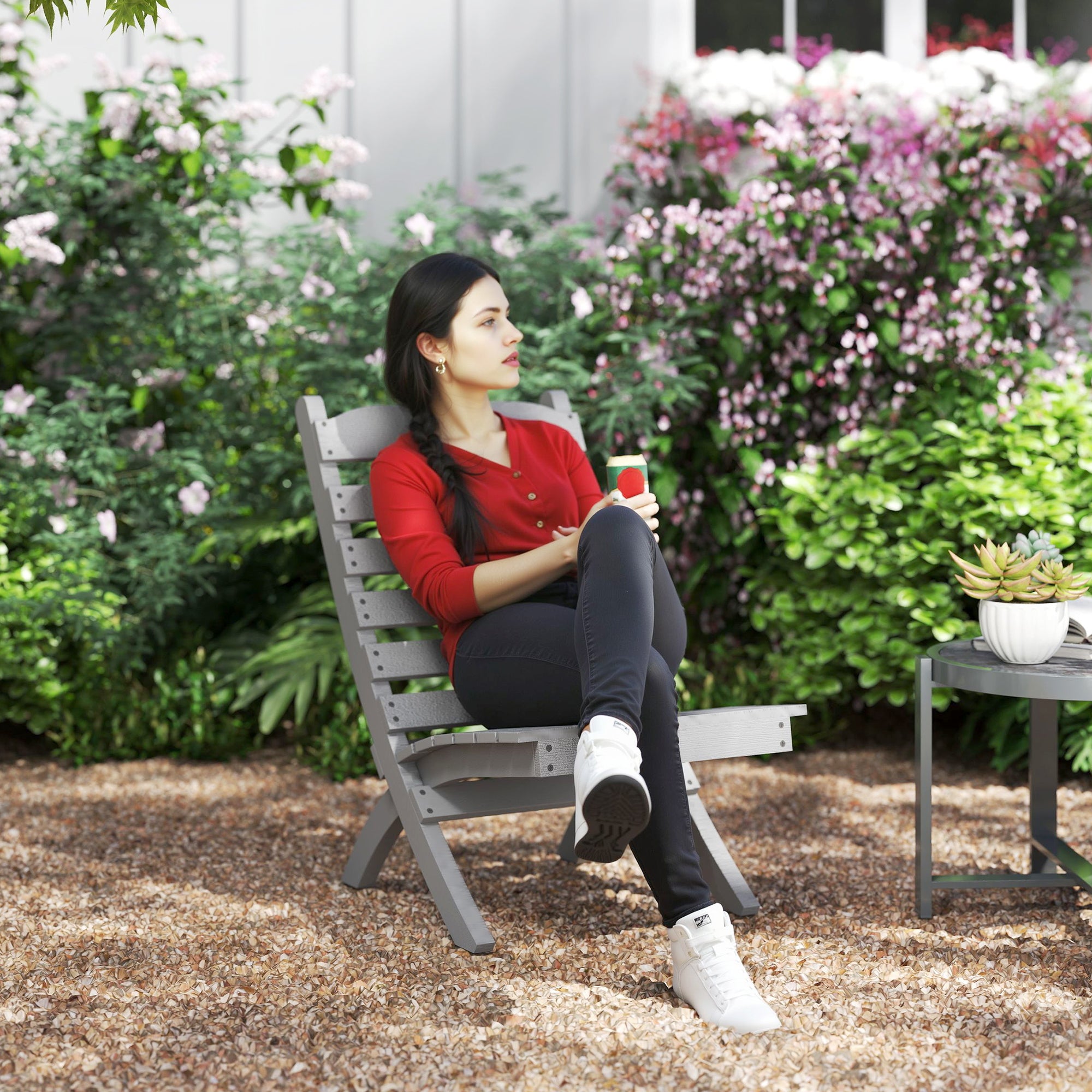 Outsunny Silla de Jardín de Madera Silla de Exterior con Diseno Listones y Respaldo Inclinado Carga 120 kg para Balcón Patio Terraza 78x48x76 cm Gris