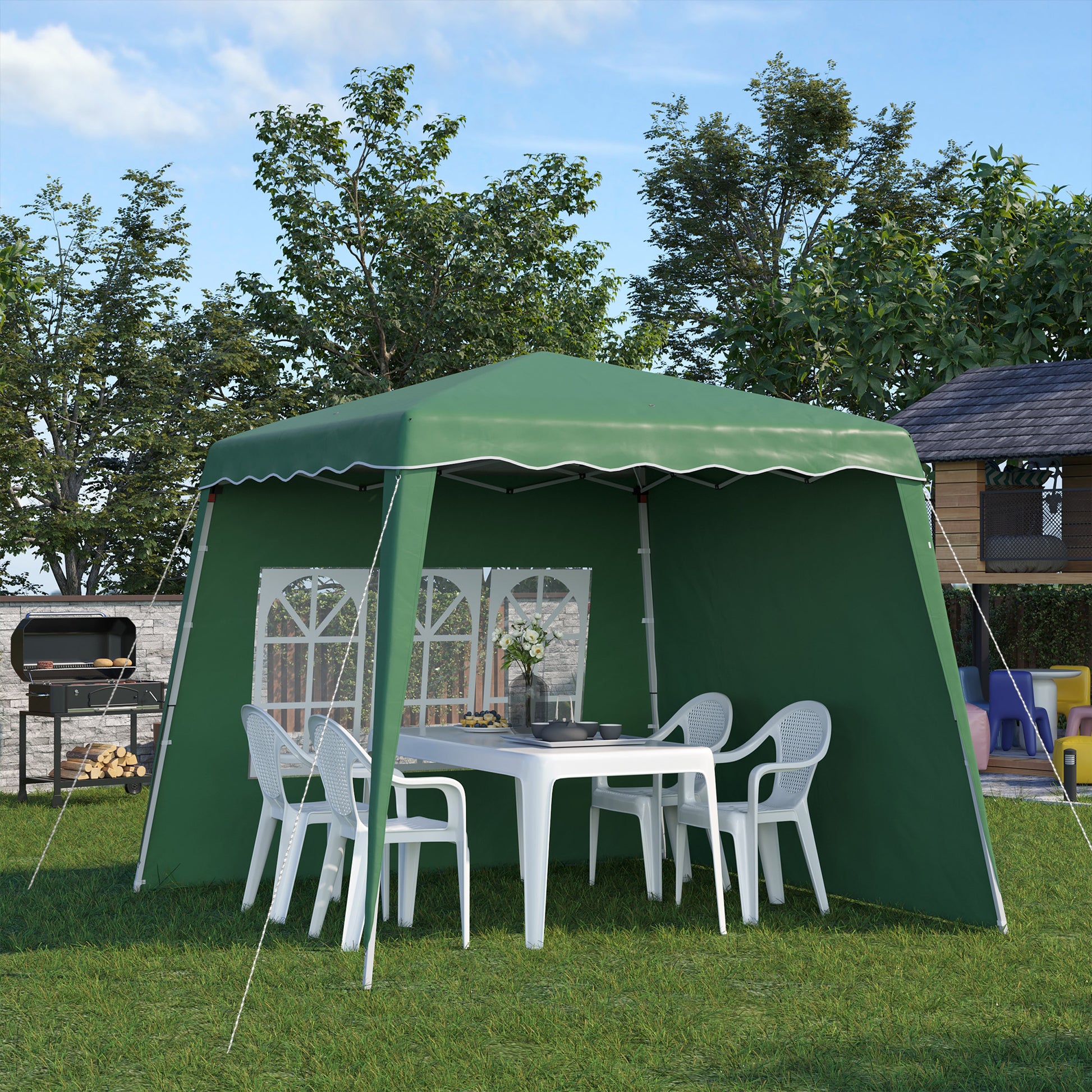 Outsunny Carpa Plegable Pop-up 3x3 m Cenador Pabellón de Jardín con 2 Paredes Laterales Altura Ajustable y Bolsa de Transporte Protección UV50+ Impermeable Gazebo para Camping Fiestas Exterior Verde