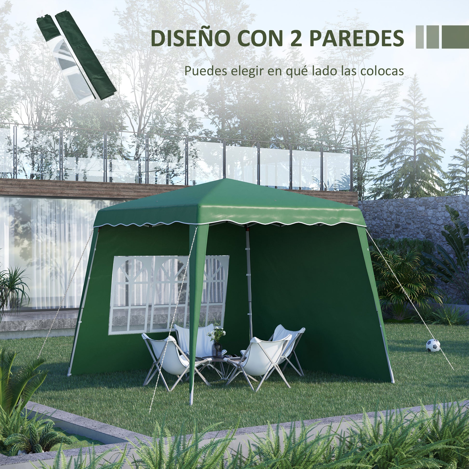 Outsunny Carpa Plegable Pop-up 3x3 m Cenador Pabellón de Jardín con 2 Paredes Laterales Altura Ajustable y Bolsa de Transporte Protección UV50+ Impermeable Gazebo para Camping Fiestas Exterior Verde