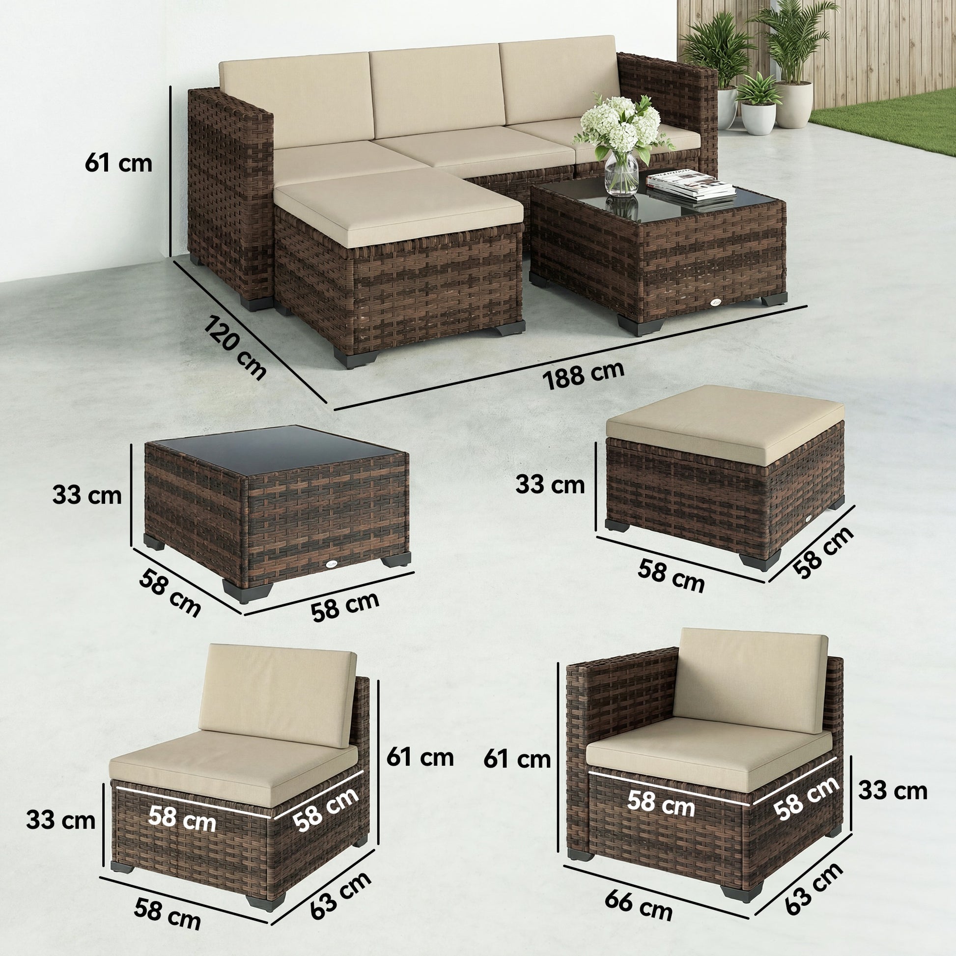 Outsunny Conjunto de Jardín de Ratán de 5 Piezas, Conjunto Terraza Resistente, Muebles Jardín Exterior Incluye Cojines, 2 Sillones de Esquina, Sillón sin Brazos, Reposapiés y Mesa Centro, Caqui