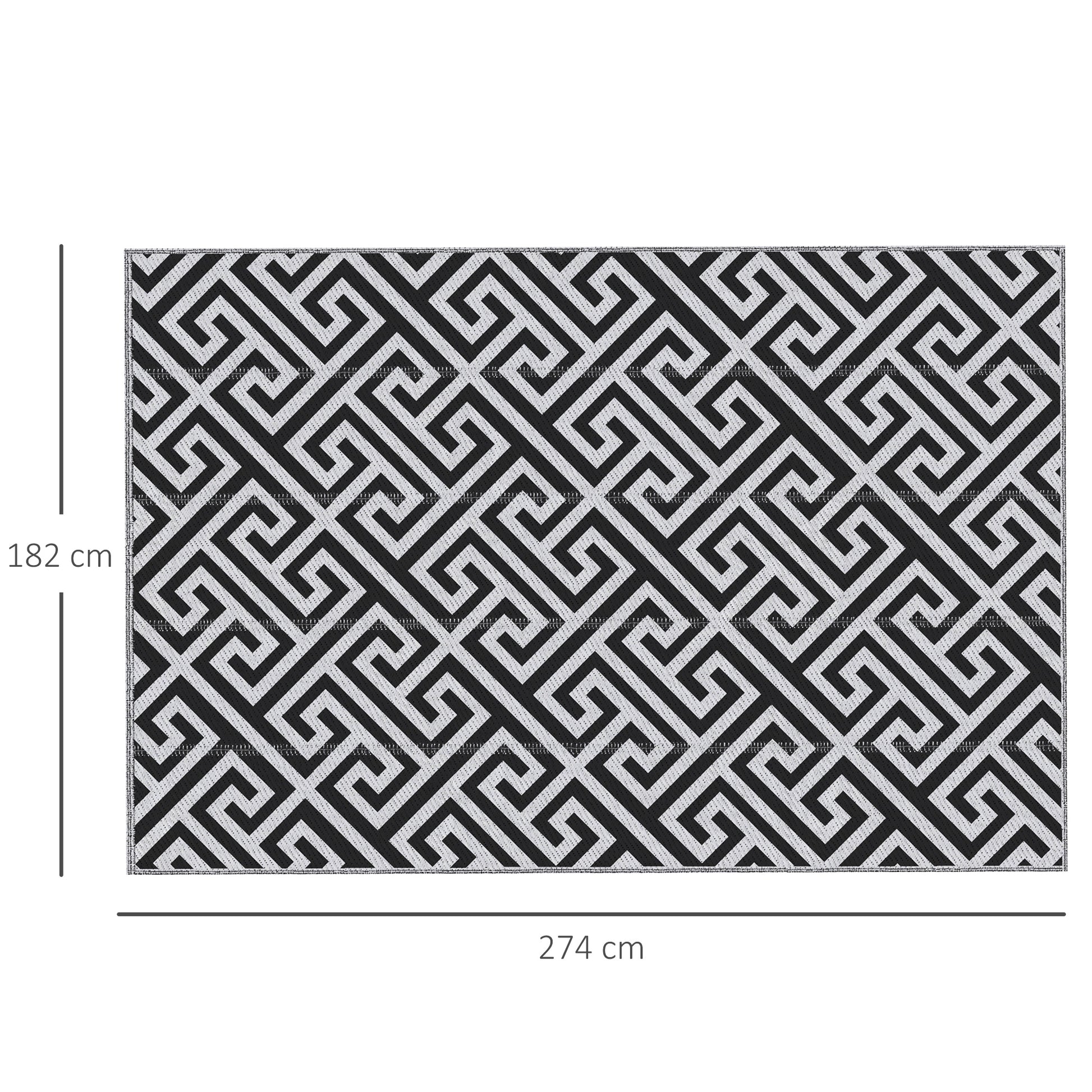 Outsunny Alfombra de Exterior 182x274 cm Alfombra Reversible con Patrón Geométrico Impermeable para Terraza Balcón Patio Camping Playa Blanco y Negro