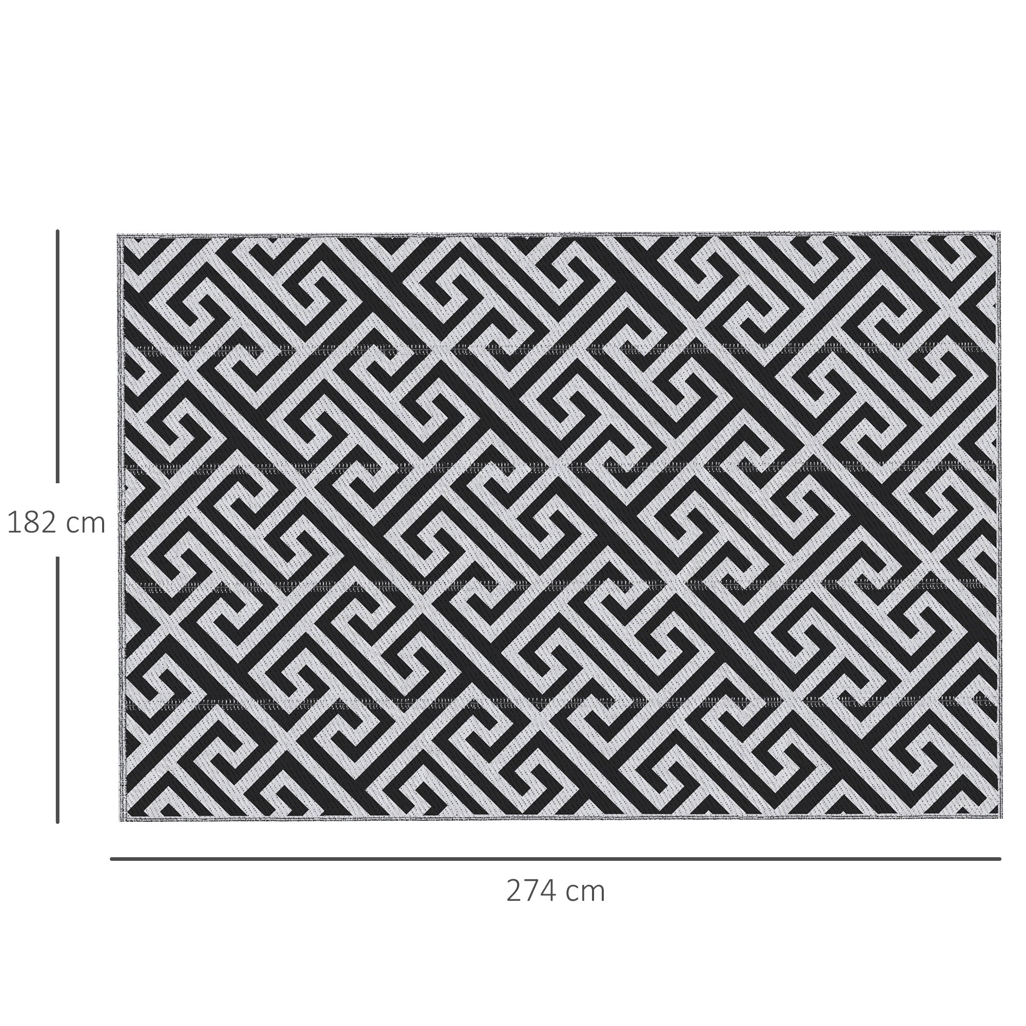 Outsunny Alfombra de Exterior 182x274 cm Alfombra Reversible con Patrón Geométrico Impermeable para Terraza Balcón Patio Camping Playa Blanco y Negro