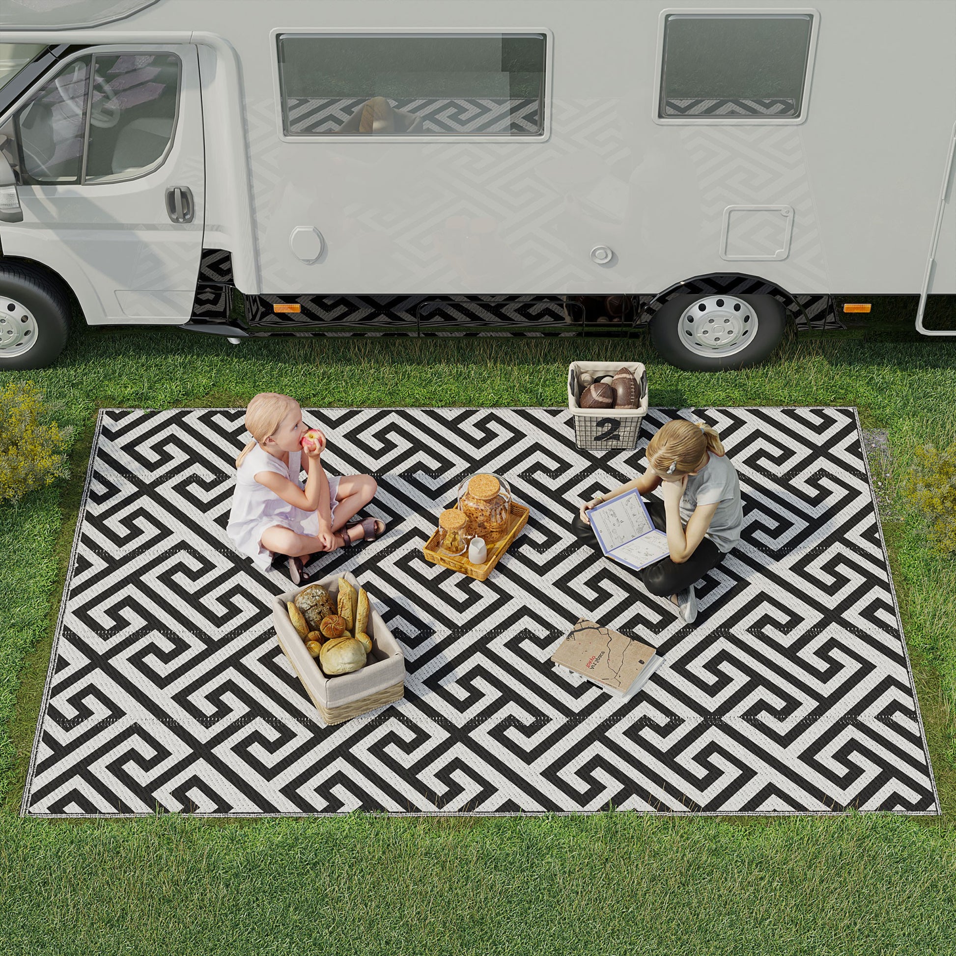 Outsunny Alfombra de Exterior 182x274 cm Alfombra Reversible con Patrón Geométrico Impermeable para Terraza Balcón Patio Camping Playa Blanco y Negro