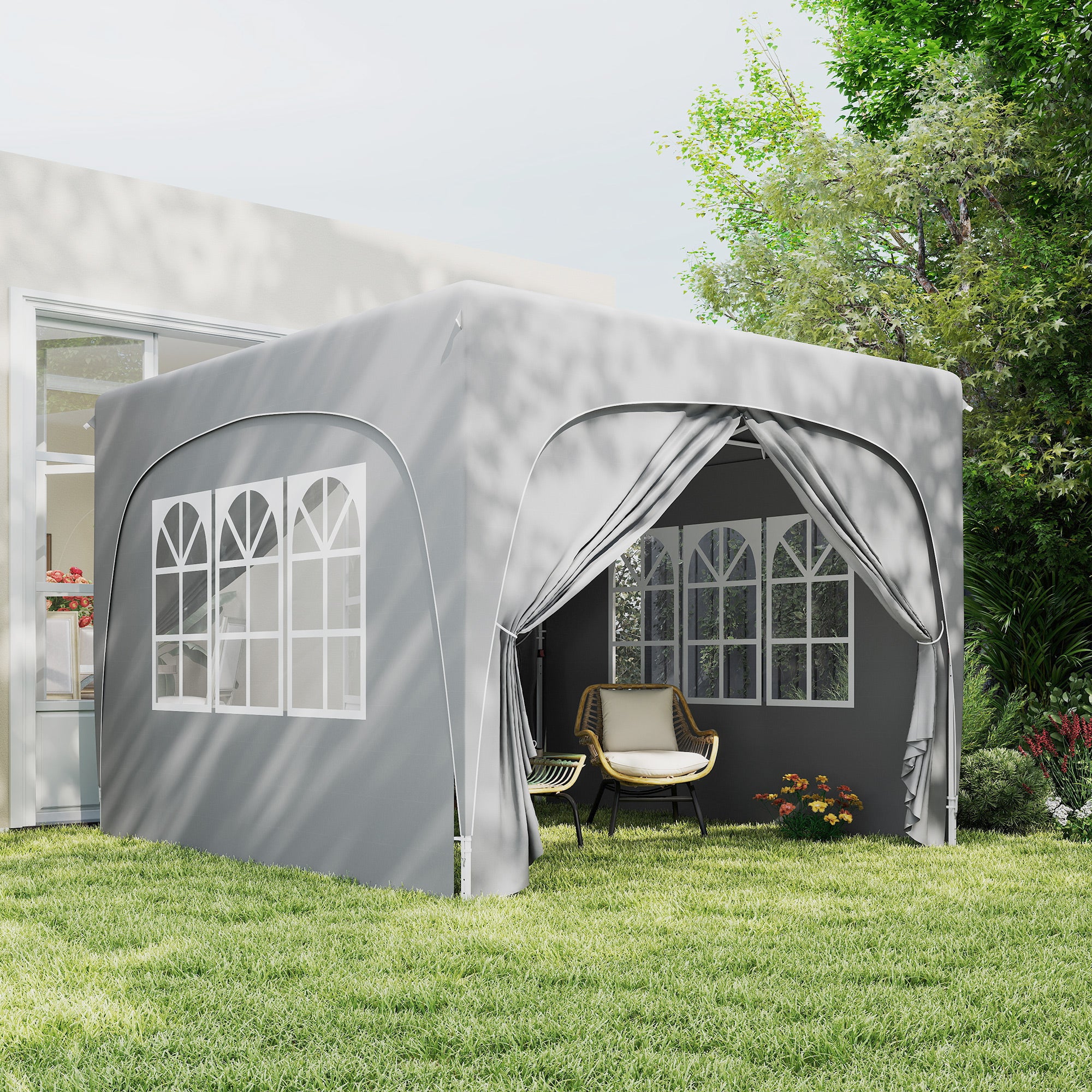 Outsunny Carpa Plegable 3x3 m, Cenador Pabellón de Jardín con Altura Ajustable de 3 Niveles, 4 Paredes Laterales, Ventanas y Bolsa Transporte, UPF50+, Impermeable para Fiestas, Exterior, Gris