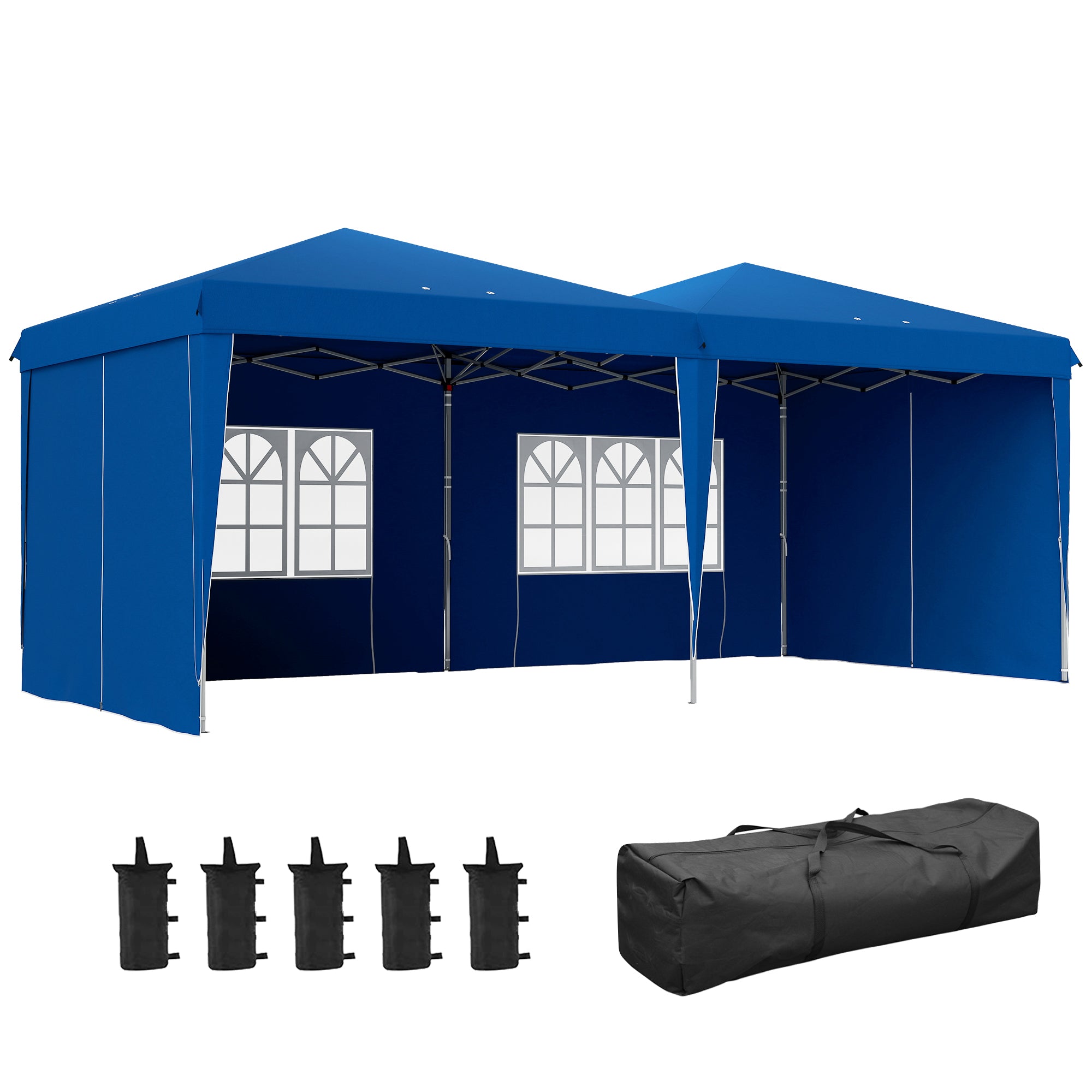 Outsunny Carpa Plegable 6x3 m Cenador de Jardín con Altura Ajustable Paredes Laterales Protección UV30+ Impermeable Sacos de Arena y Bolsa de Transporte Gazebo para Exterior Jardín Fiestas Azul