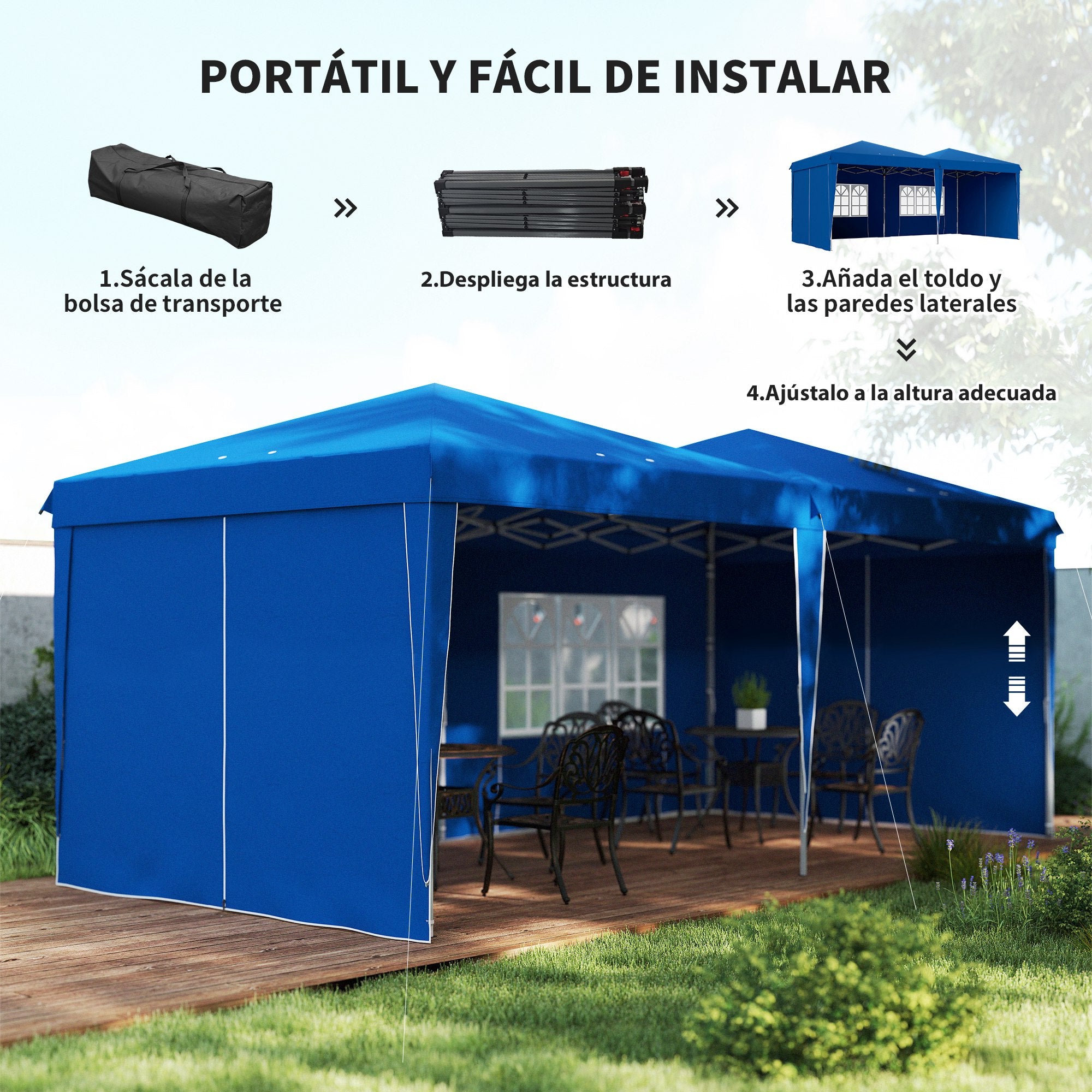 Outsunny Carpa Plegable 6x3 m Cenador de Jardín con Altura Ajustable Paredes Laterales Protección UV30+ Impermeable Sacos de Arena y Bolsa de Transporte Gazebo para Exterior Jardín Fiestas Azul