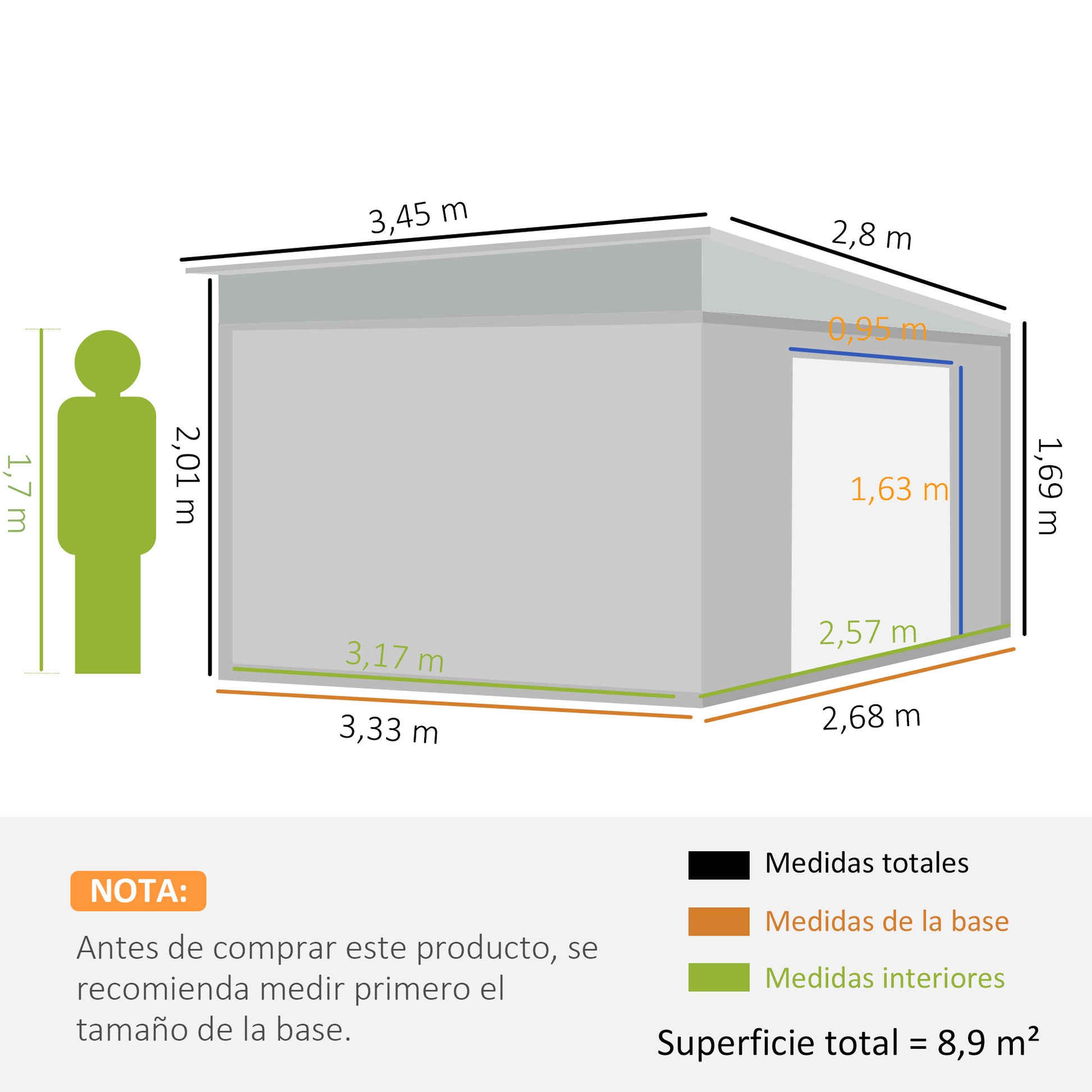 Outsunny Cobertizo de Jardín 280x345x201 cm 8,9 m² Caseta Exterior de Metálico para Almacenamiento de Herramientas con Puerta y 2 Ventanas Gris