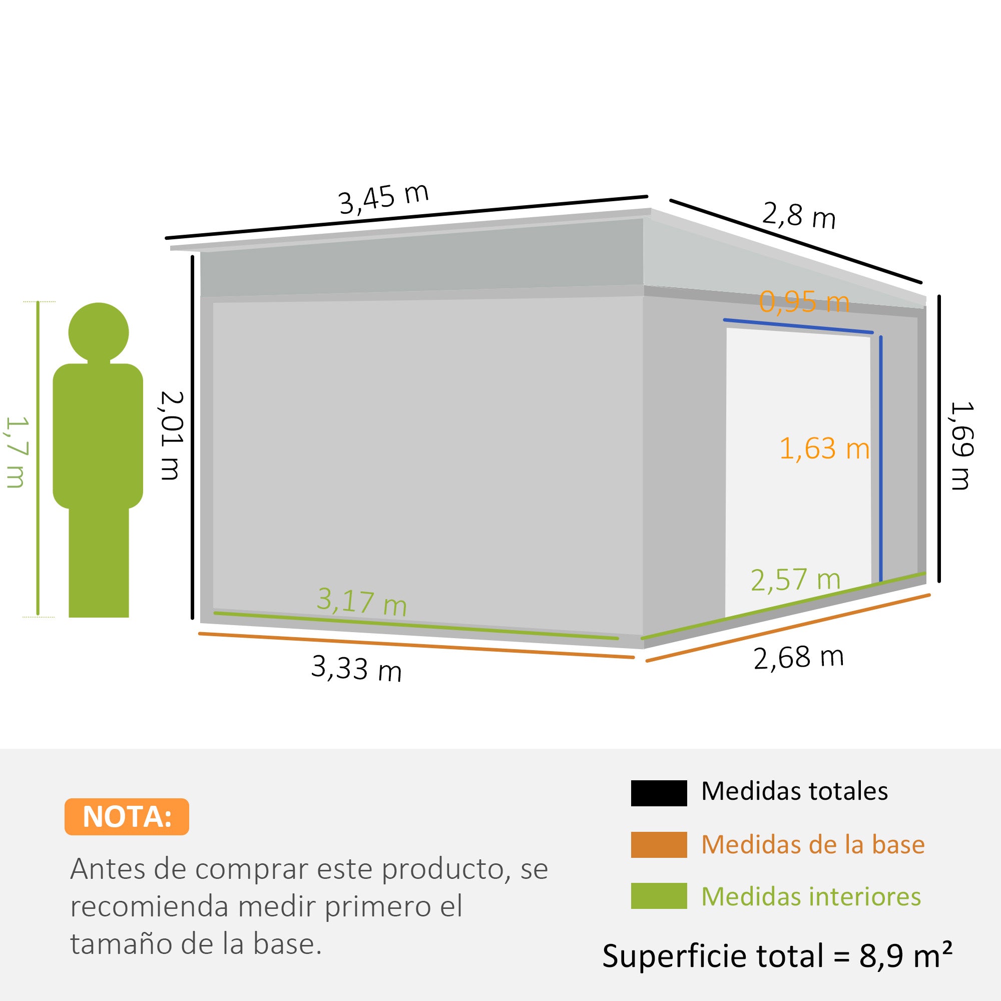Outsunny Cobertizo de Jardín 280x345x201 cm 8,9 m² Caseta Exterior de Metálico para Almacenamiento de Herramientas con Puerta y 2 Ventanas Gris
