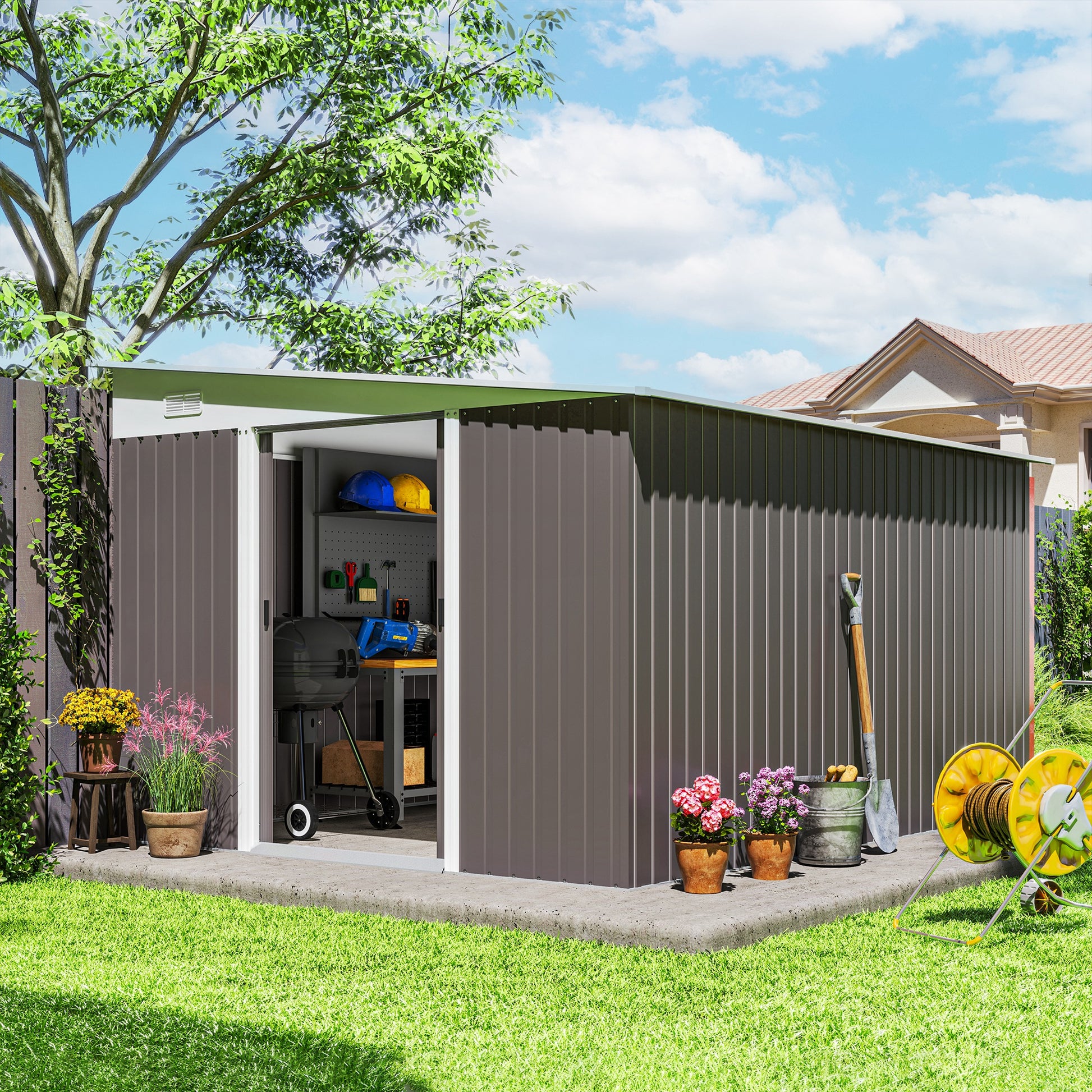 Outsunny Cobertizo de Jardín 280x345x201 cm 8,9 m² Caseta Exterior de Metálico para Almacenamiento de Herramientas con Puerta y 2 Ventanas Gris