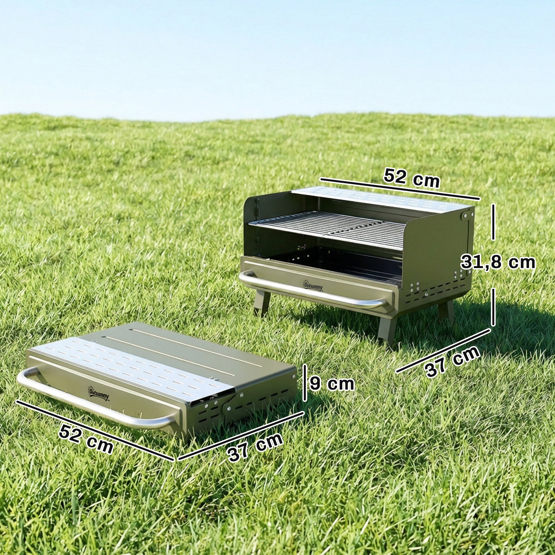Outsunny Barbacoa de Carbón Plegable, Barbacoa Portátil, 52x37x31,8 cm, con Rejilla Ajustable, Estante Lateral Plegable y Bandeja de Carbón Extraíble, para Camping, Picnic, Fiesta en Jardín, Verde
