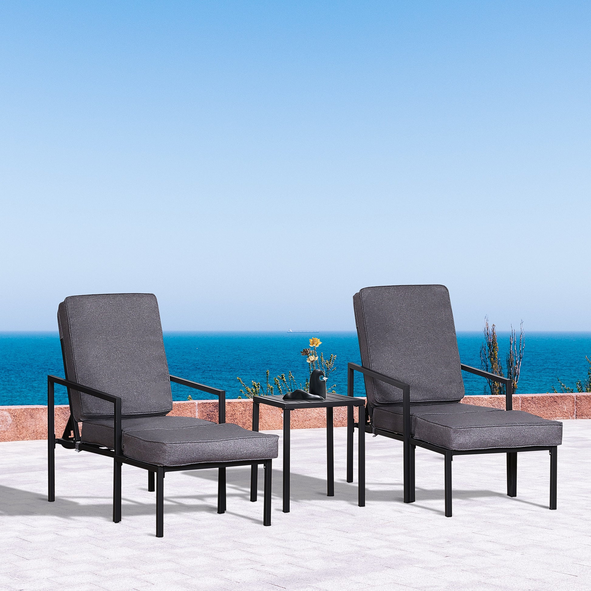 Outsunny Conjunto Mueble Exterior Apto Jardín Incluye 2 Sillas 2 Taburetes 1 Mesa para Café con Cojín Suave 5 Niveles en Respaldo Reclinable Gris y Negro