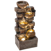 Outsunny Fuente de Agua Decorativa con Iluminación LED y Bomba, Fuente de Jardín Exteror en Cascada de 5 Niveles, Flujo Ajustable, Resistente a la intemperie, para Jardín, Terraza, Marrón Rústico