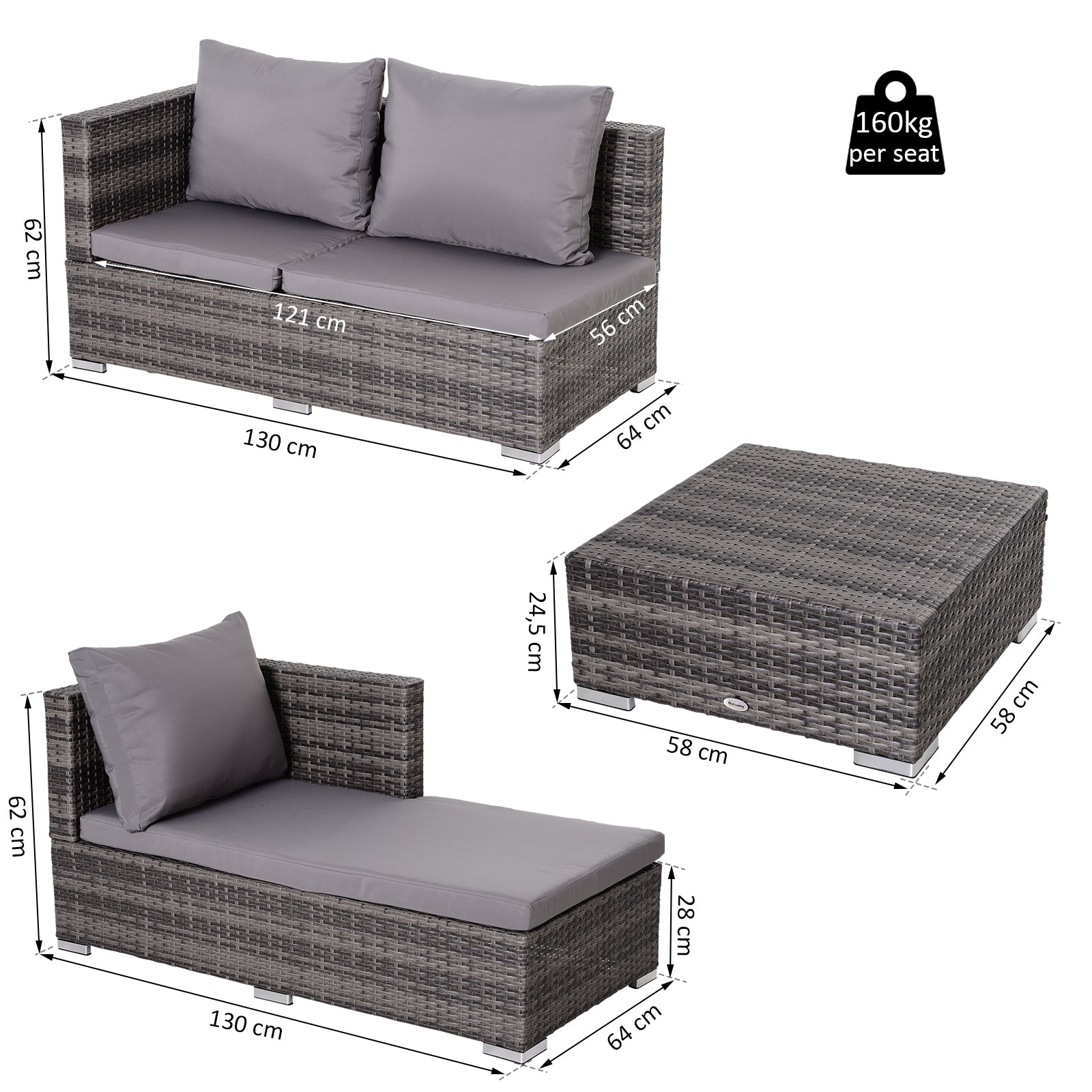 Outsunny Conjunto de Sofás de Ratán 3 Piezas con Chaiselongue y Mesa de Centro Almacenaje Respaldo Ajustable en Altura Alta Comodidad Color Gris