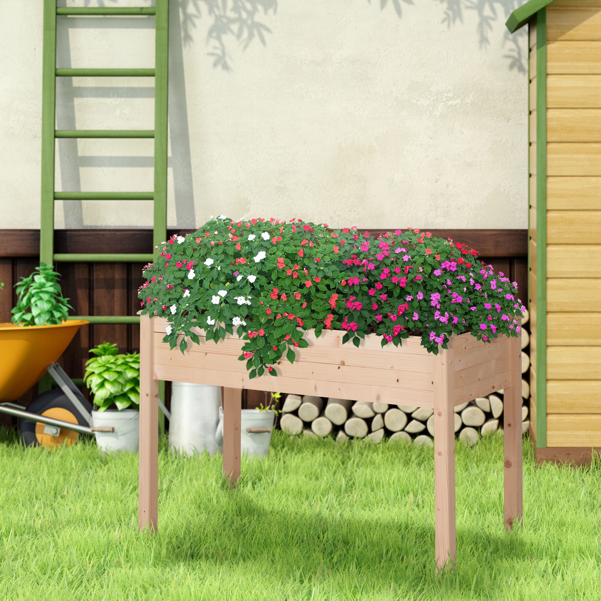Outsunny Huerto Urbano Elevado de Madera 122,5x56,5x76 cm Mesa de Cultivo Jardinera Elevada con Tela no Tejida y 4 Orificios de Drenaje para Cultivos Plantas Flores Jardín Terraza Exterior Natural