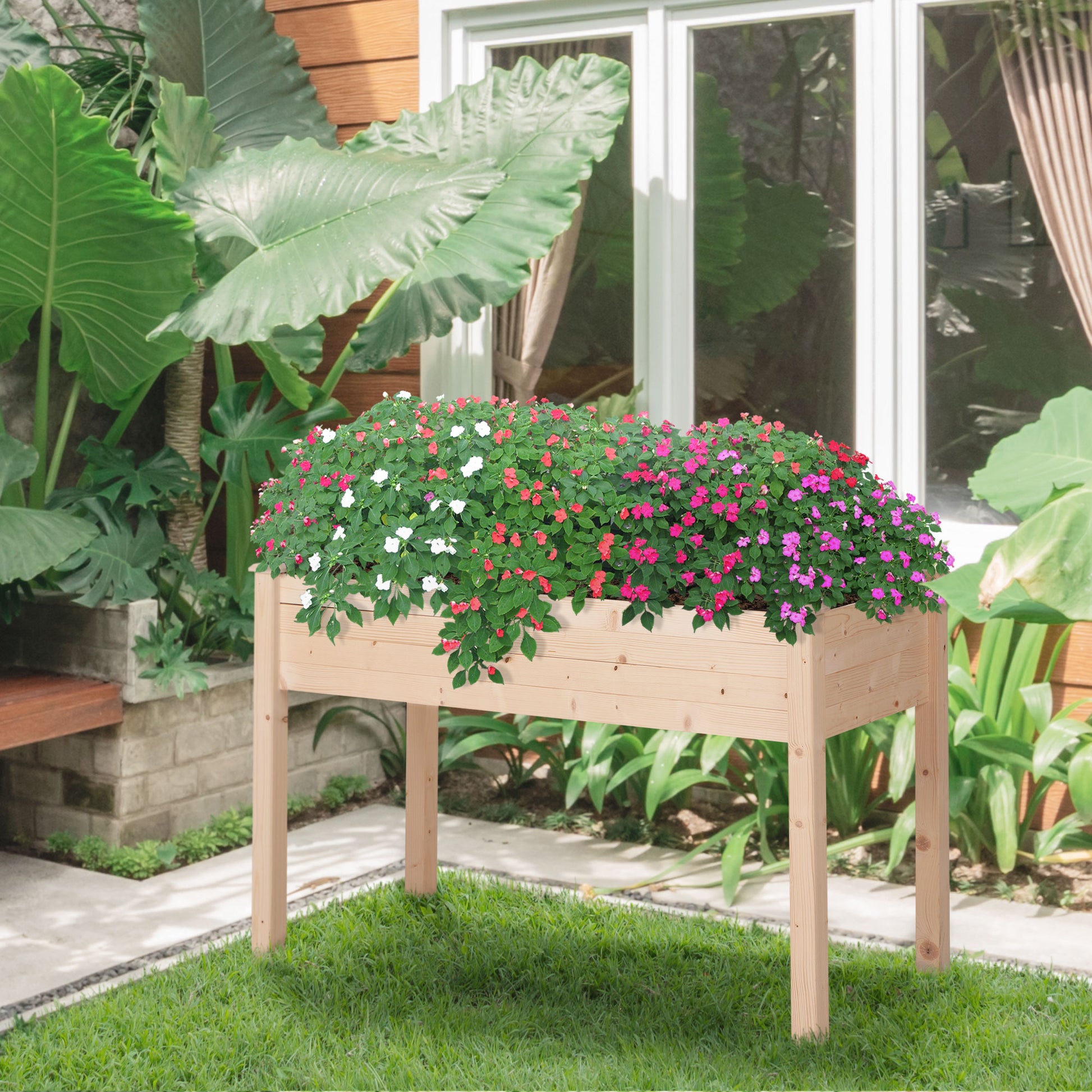 Outsunny Huerto Urbano Elevado de Madera 122,5x56,5x76 cm Mesa de Cultivo Jardinera Elevada con Tela no Tejida y 4 Orificios de Drenaje para Cultivos Plantas Flores Jardín Terraza Exterior Natural