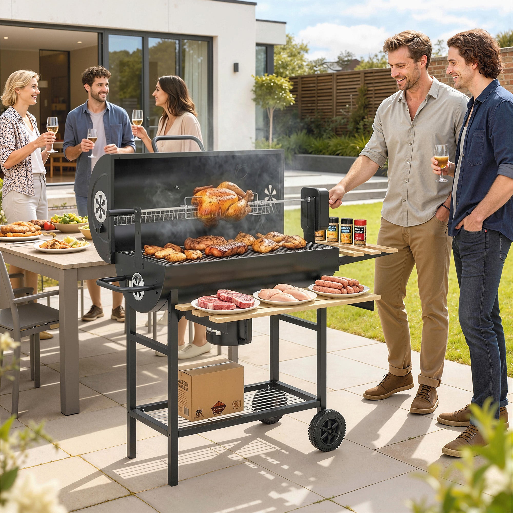 Outsunny Barbacoa de Carbón Portátil, Barbacoa Carbón Barril Móvil con Asador Eléctrico, Estantes Plegables, Rejilla de Calentamiento, Termómetro, Ventilaciones Ajustables, Recoge Cenizas, Ruedas, Asa