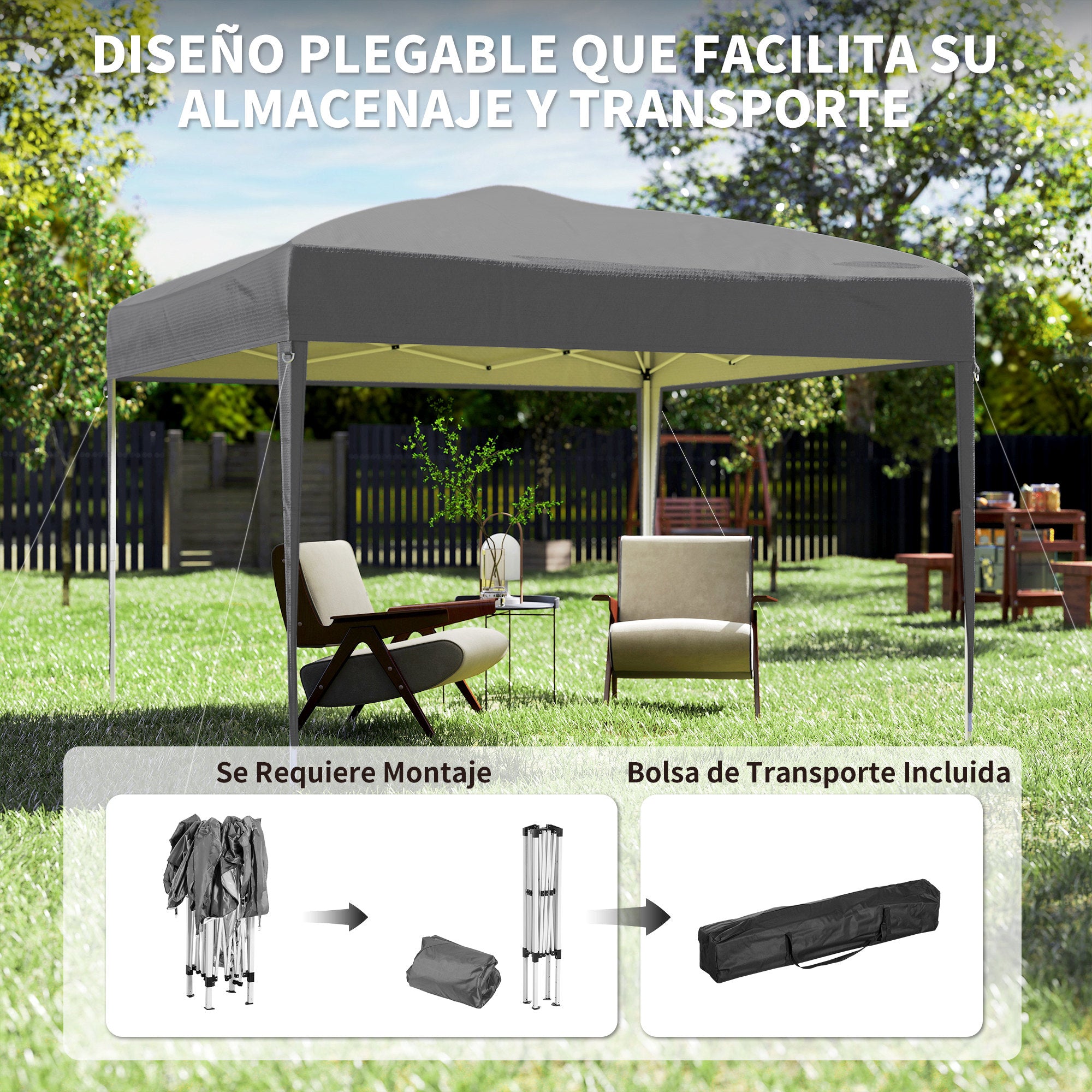 Outsunny Carpa Plegable 3x3 m, Pop-up, Cenador Pabellón de Jardín, Altura Ajustable con Bolsa de Transporte, Tela Oxford 210D Anti-UV, Impermeable, Gazebo para Camping, Fiestas, Exterior, Gris
