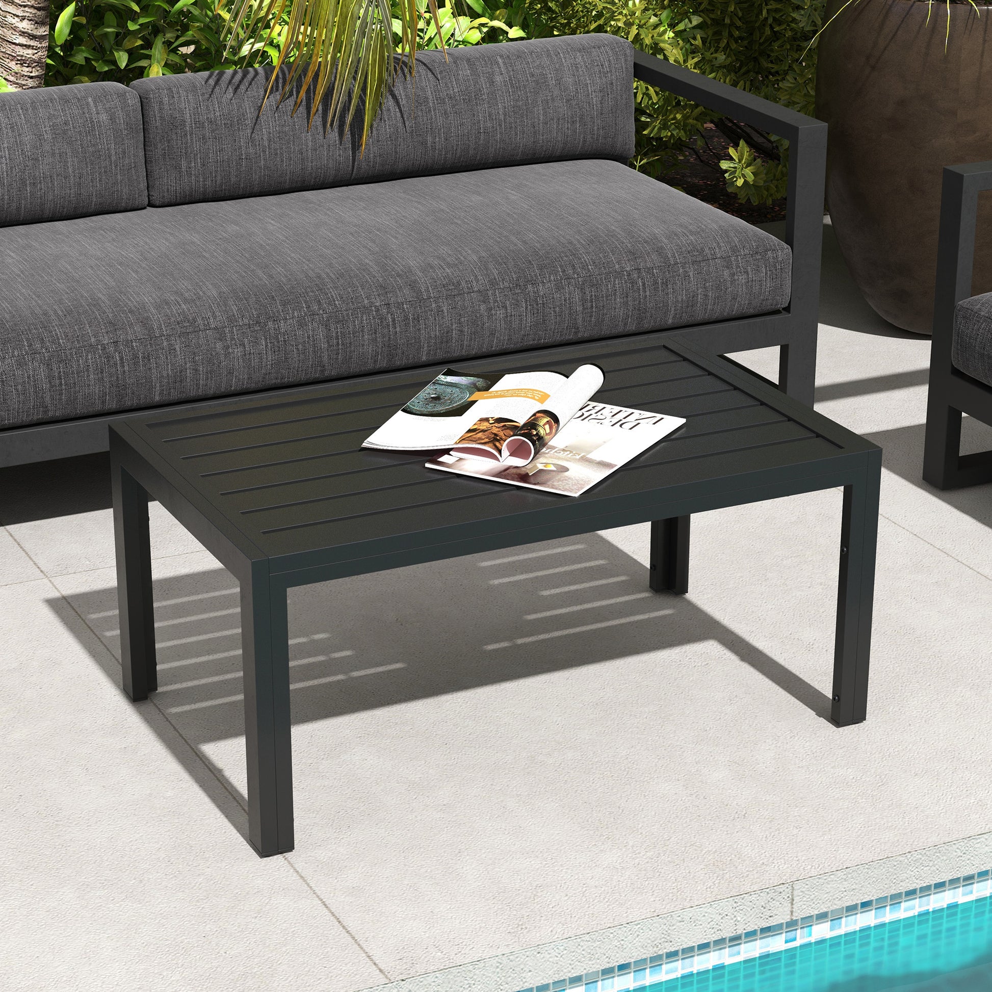 Outsunny Mesa de Centro de Jardín Rectangular, Mesa Auxiliar con Estructura de Acero Galvanizado y Superficie de Tablillas, Mesita de Café para Patio, Balcón, Terraza o Porche, Negro