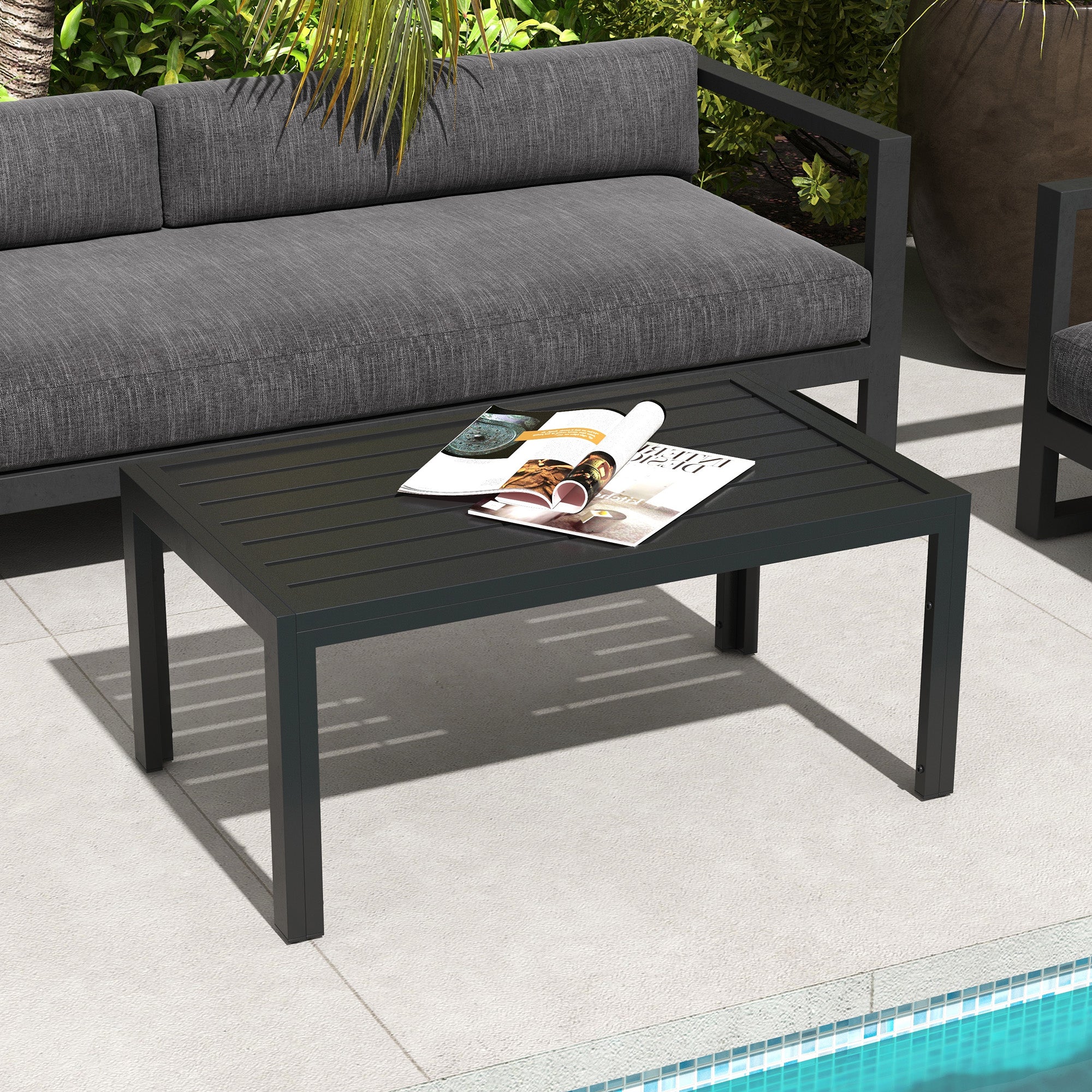 Outsunny Mesa de Centro de Jardín Rectangular, Mesa Auxiliar con Estructura de Acero Galvanizado y Superficie de Tablillas, Mesita de Café para Patio, Balcón, Terraza o Porche, Negro