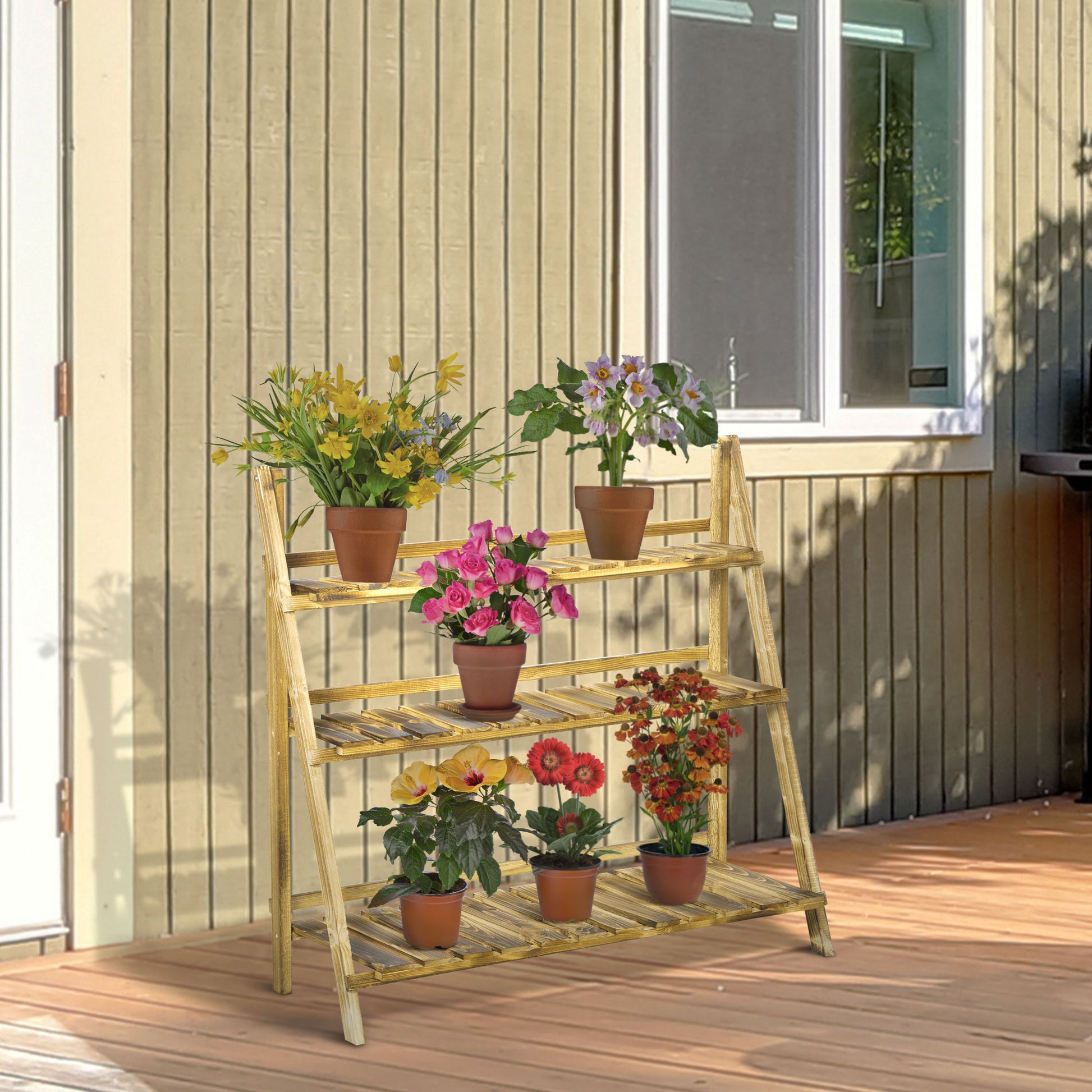 Outsunny Soporte para Plantas de Madera de 3 Niveles, Estantería para Plantas Plegable con Base de Listones, Soporte para Macetas para Interior y Exterior, Terraza, Jardín, 100x37x93 cm, Carbonizado