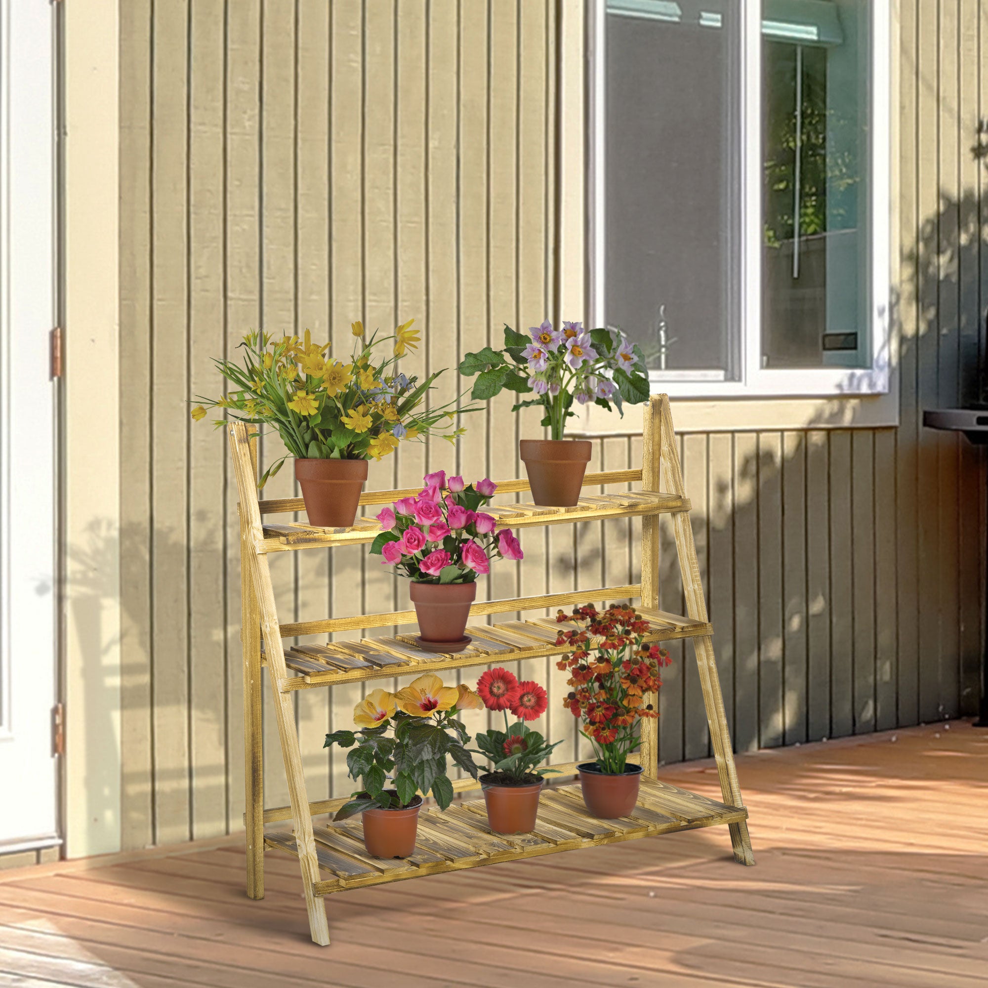 Outsunny Soporte para Plantas de Madera de 3 Niveles, Estantería para Plantas Plegable con Base de Listones, Soporte para Macetas para Interior y Exterior, Terraza, Jardín, 100x37x93 cm, Carbonizado