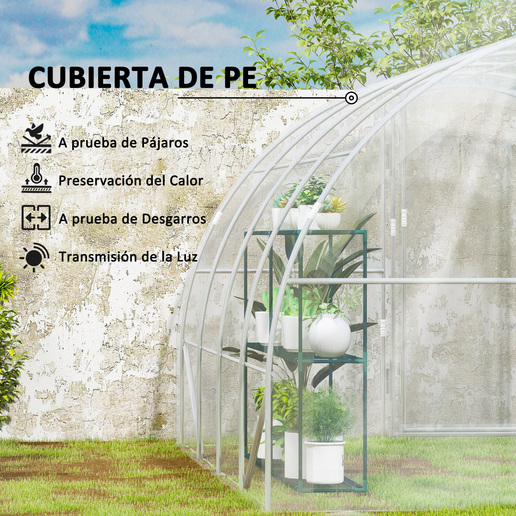 Outsunny Invernadero de Túnel 4x3x2 m Invernadero de Jardín con 2 Puertas Cubierta PE 150g/m² Estructura de Acero Galvanizado y Techo Redondeado para Cultivos Plantas Flores Transparente