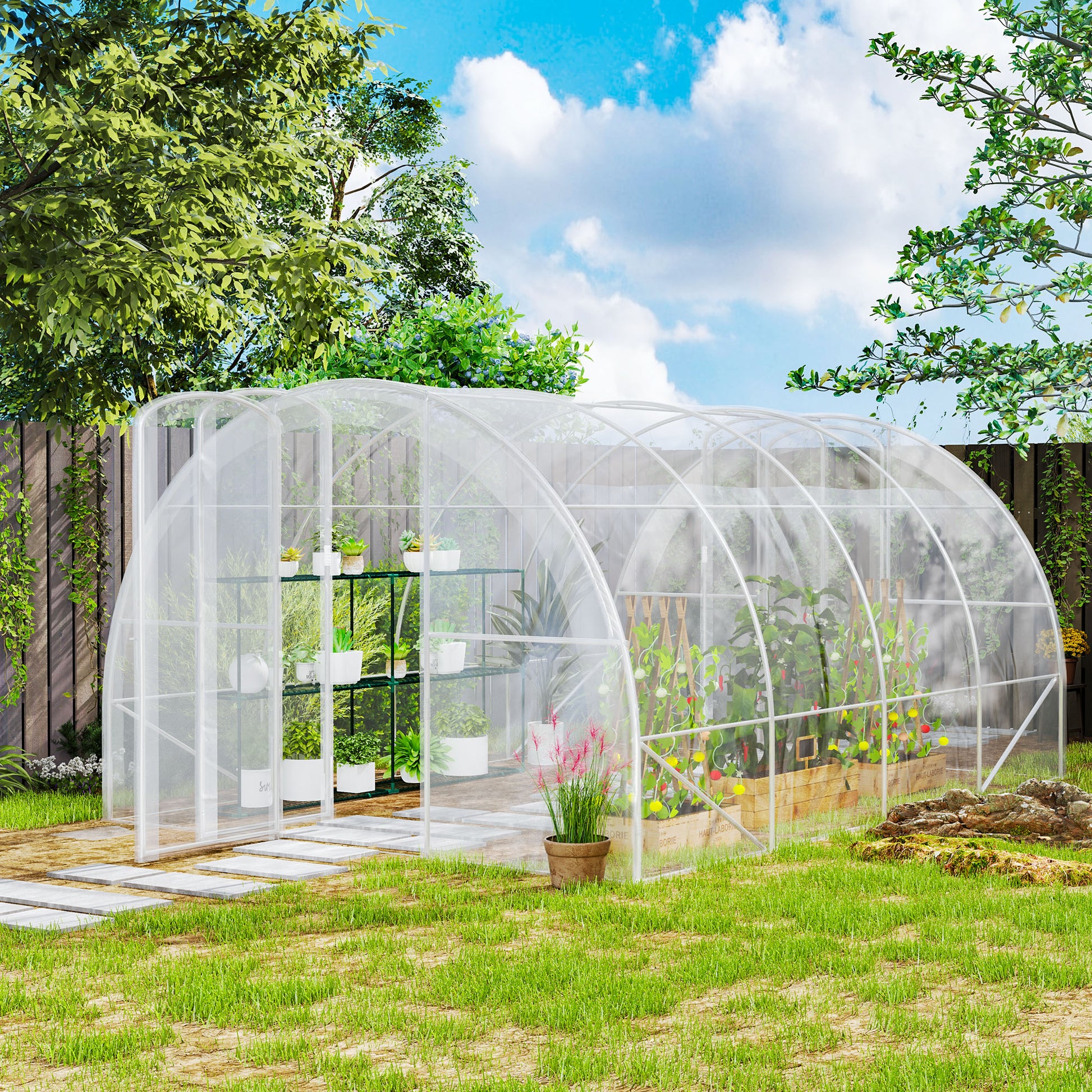 Outsunny Invernadero de Túnel 4x3x2 m Invernadero de Jardín con 2 Puertas Cubierta PE 150g/m² Estructura de Acero Galvanizado y Techo Redondeado para Cultivos Plantas Flores Transparente
