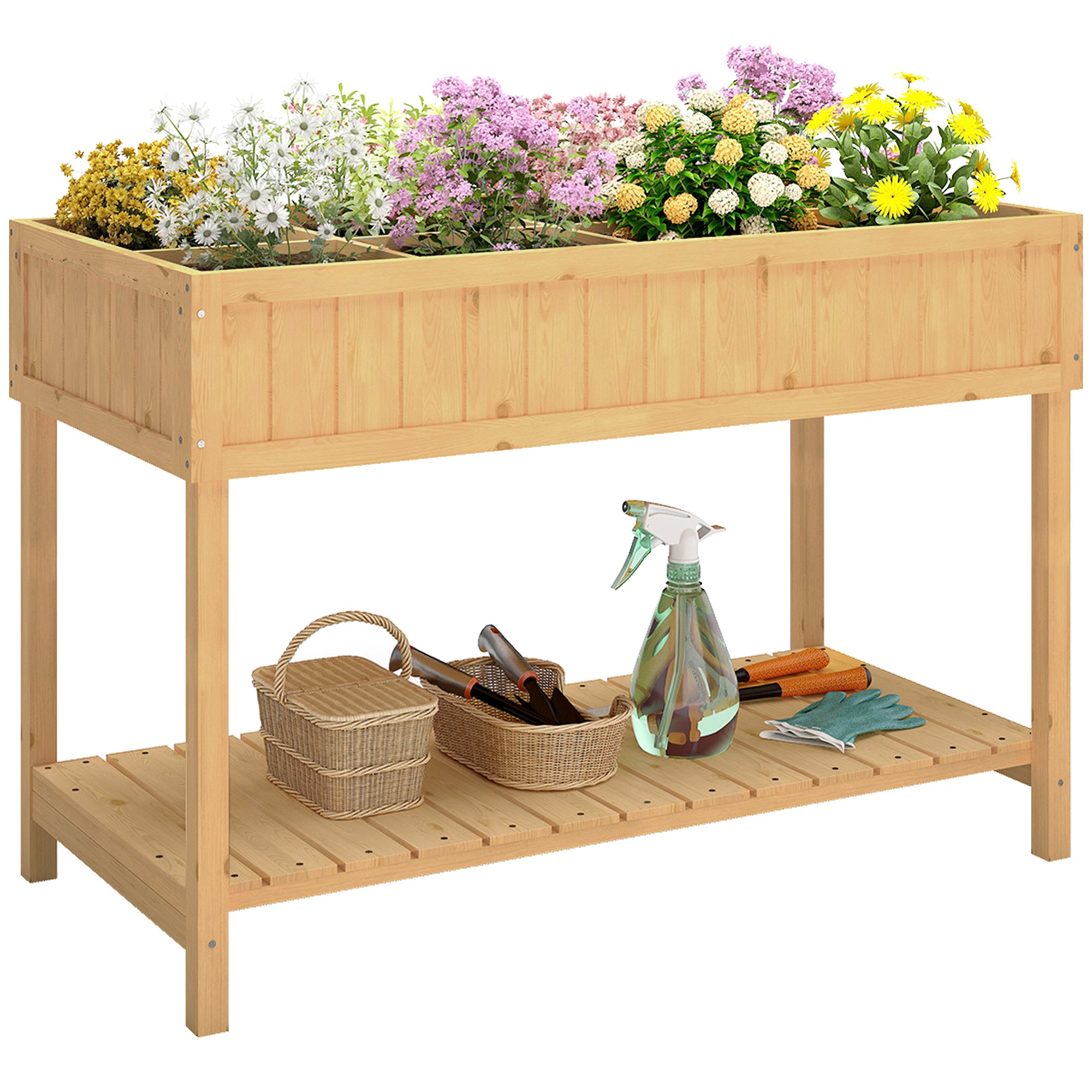 Outsunny Huerto Urbano de Madera, Mesa de Cultivo con Estante Inferior, Jardinera Elevada para Cultivo, Plantas, Flores y Verduras, 110x46x76 cm, Natural