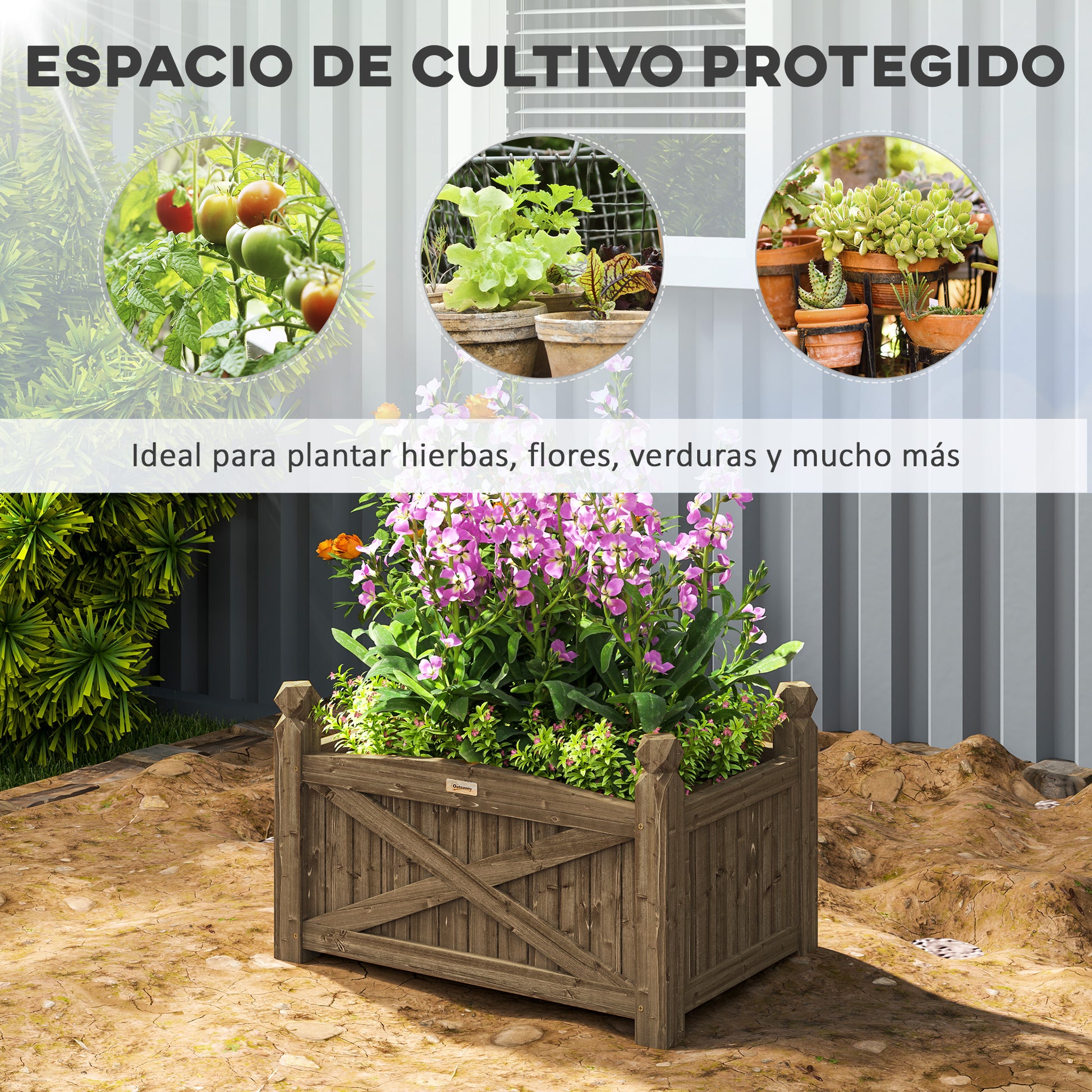 Outsunny Jardinera de Madera Elevada Huerto Urbano Madera para Cultivar Plantas Flores Hierba Jardinera Rectangular para Jardín Balcón Terraza 60x39x37 cm Café Oscuro