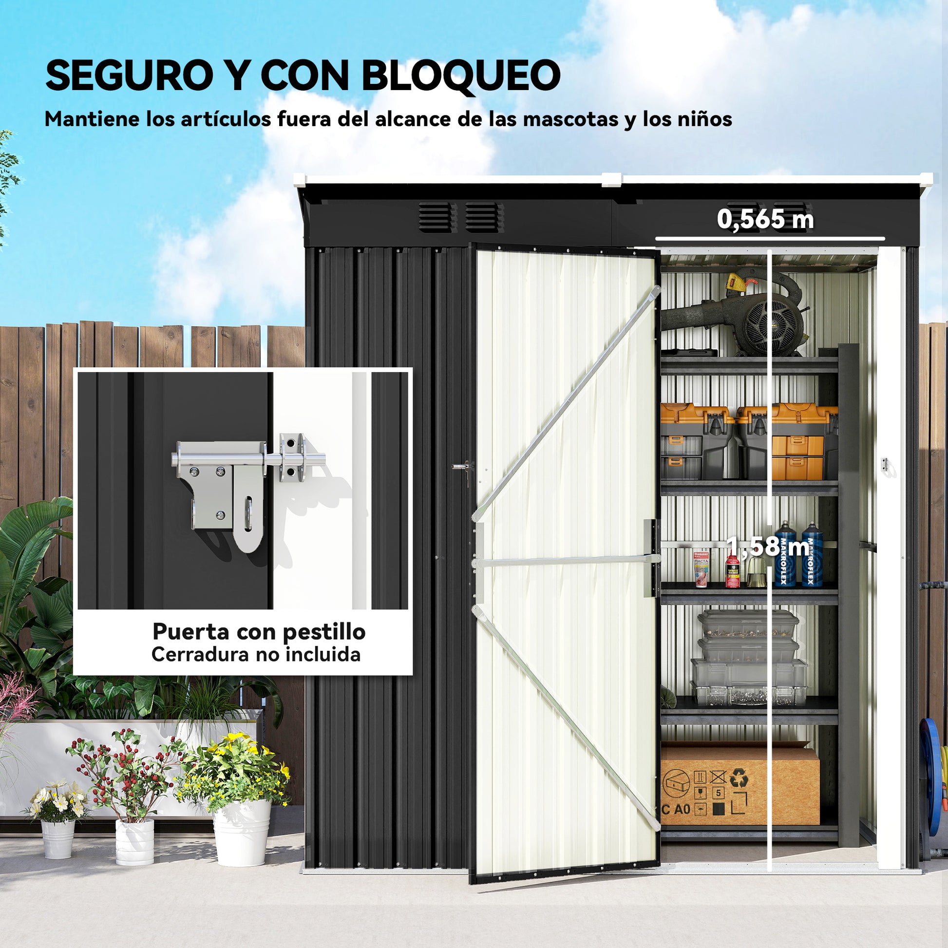 Outsunny Caseta de Jardín Exterior 1,37 m², 163x90x179 cm, Cobertizo de Jardín Exterior Metálico con Puerta con Pestillo y Ranuras de Ventilación, para Almacenamiento de Herramientas, Gris Oscuro