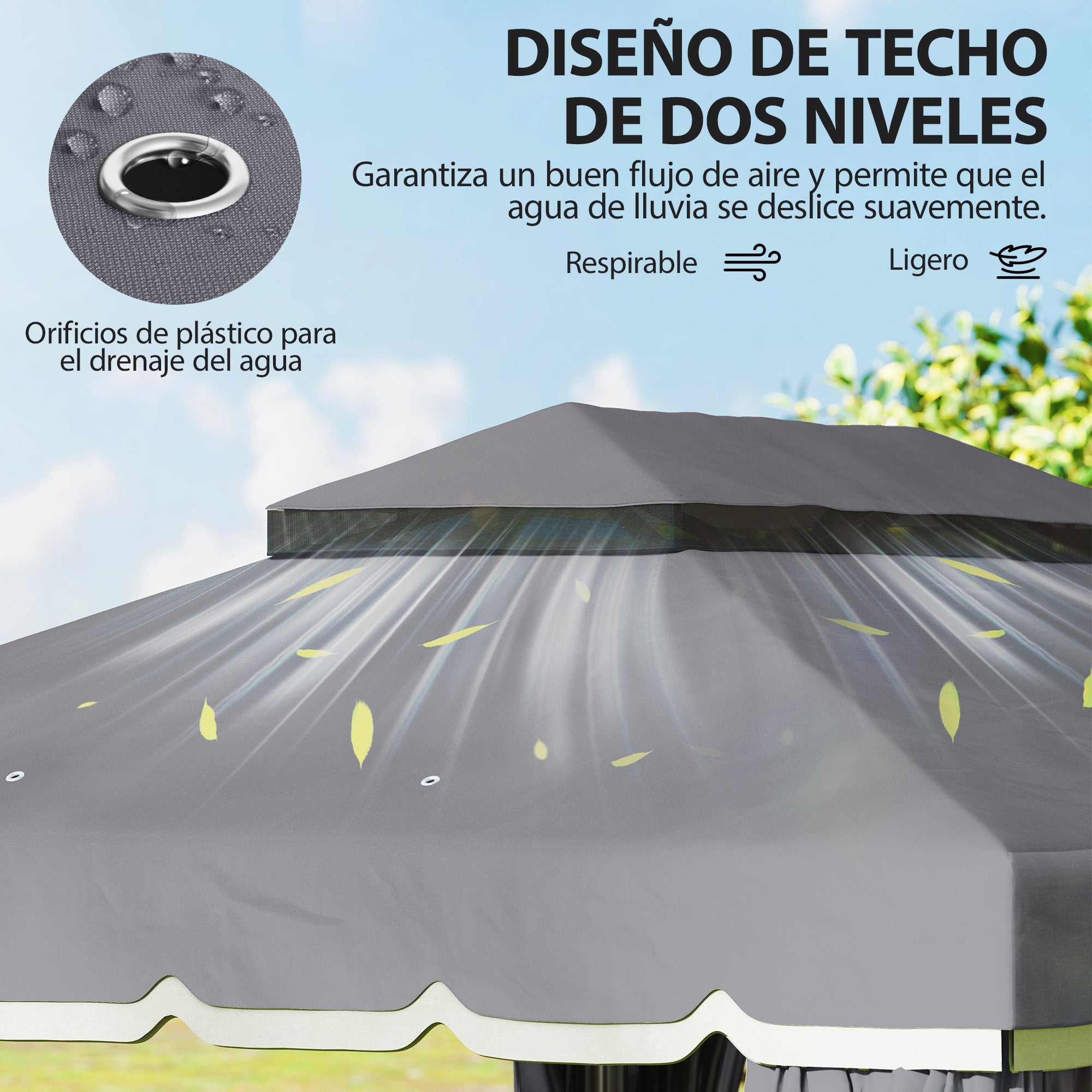 Outsunny Cenador de Jardín 4x3 m, Pabellón de Jardín Gazebo con Doble Techo, 4 Cortinas y Mosquitera, Marco de Aluminio, Orificios de Drenaje, UPF50+, Carpa para Exterior, Terraza, Patio, Gris Oscuro
