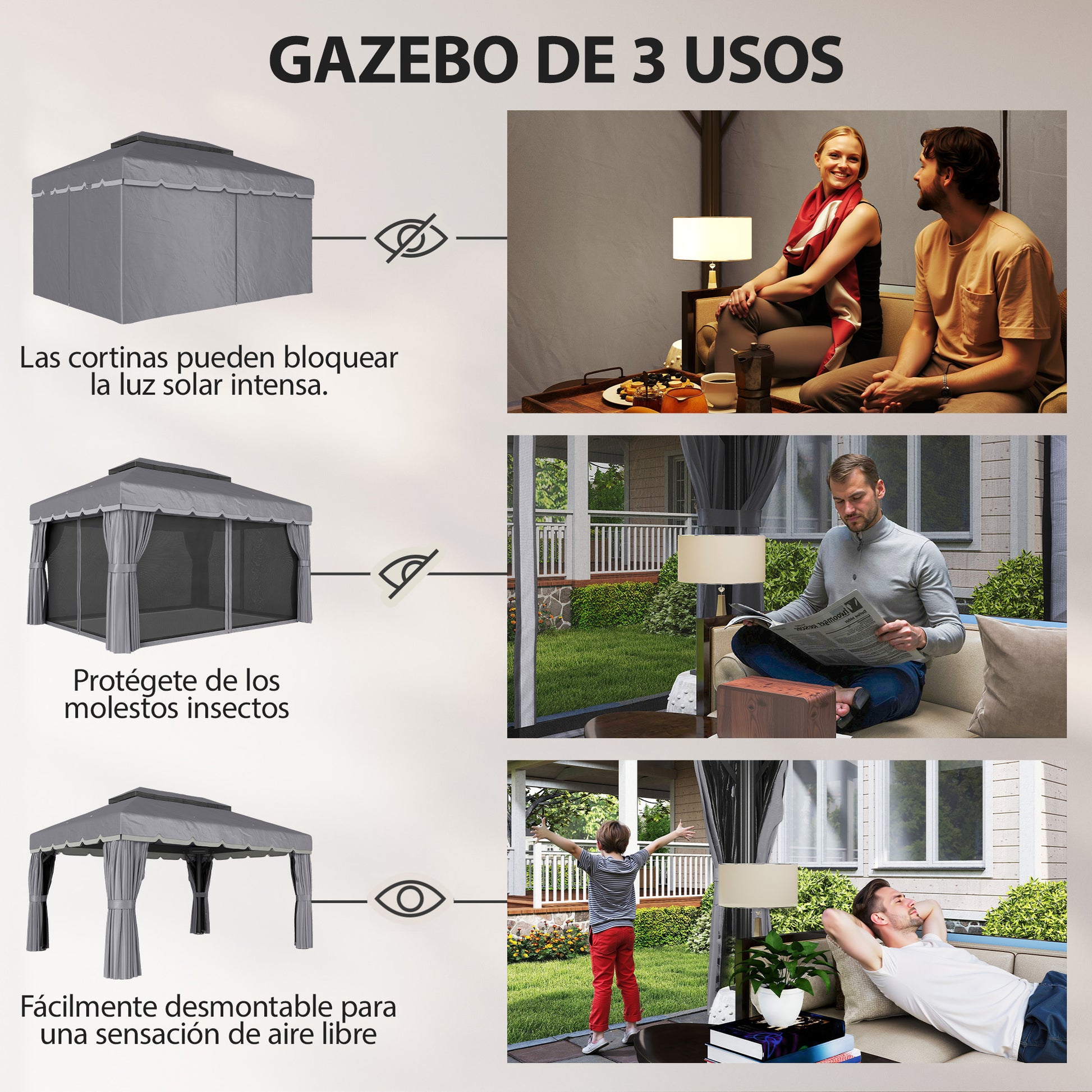 Outsunny Cenador de Jardín 4x3 m, Pabellón de Jardín Gazebo con Doble Techo, 4 Cortinas y Mosquitera, Marco de Aluminio, Orificios de Drenaje, UPF50+, Carpa para Exterior, Terraza, Patio, Gris Oscuro