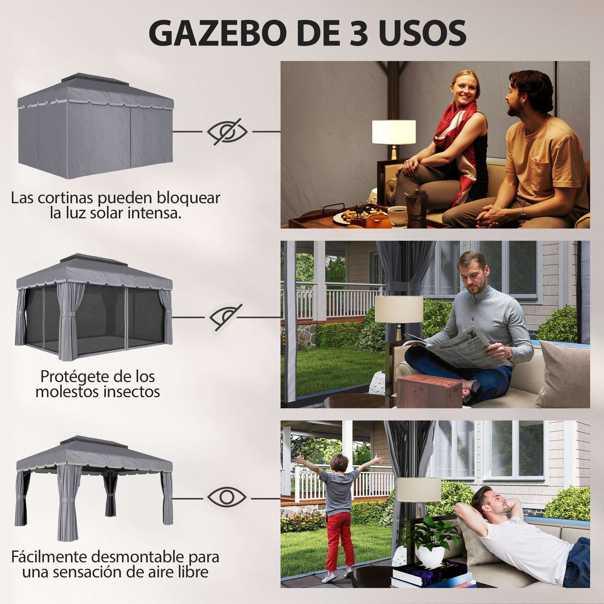 Outsunny Cenador de Jardín 4x3 m, Pabellón de Jardín Gazebo con Doble Techo, 4 Cortinas y Mosquitera, Marco de Aluminio, Orificios de Drenaje, UPF50+, Carpa para Exterior, Terraza, Patio, Gris Oscuro