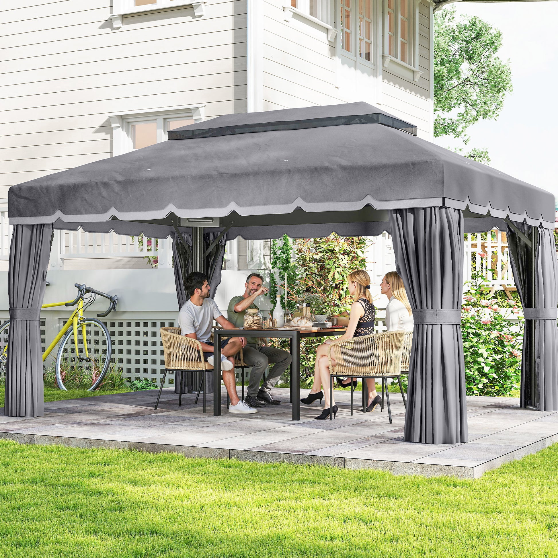 Outsunny Cenador de Jardín 4x3 m, Pabellón de Jardín Gazebo con Doble Techo, 4 Cortinas y Mosquitera, Marco de Aluminio, Orificios de Drenaje, UPF50+, Carpa para Exterior, Terraza, Patio, Gris Oscuro