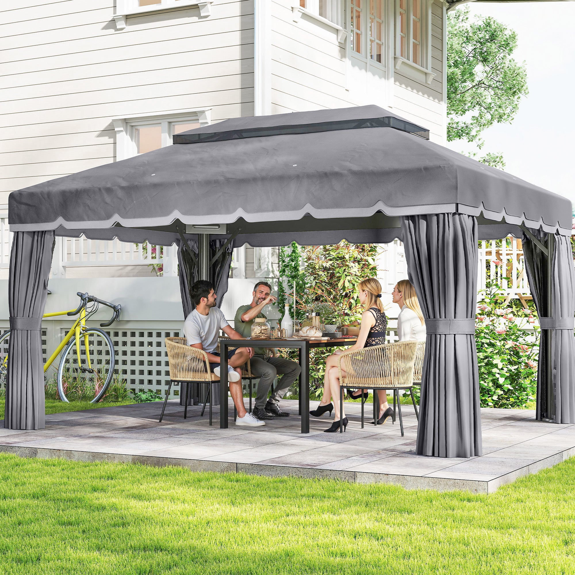 Outsunny Cenador de Jardín 4x3 m, Pabellón de Jardín Gazebo con Doble Techo, 4 Cortinas y Mosquitera, Marco de Aluminio, Orificios de Drenaje, UPF50+, Carpa para Exterior, Terraza, Patio, Gris Oscuro
