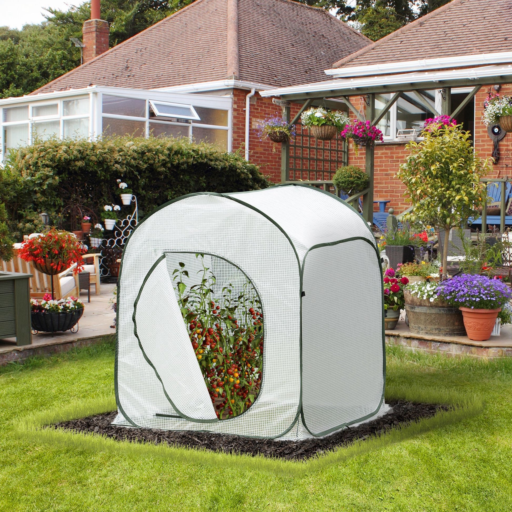 Outsunny Mini Invernadero 90x90x110 cm Portátil Autoinstalable Pop-up Compacto para Cultivo Plantas Verduras con Puerta y Bolsa de Transporte Blanco