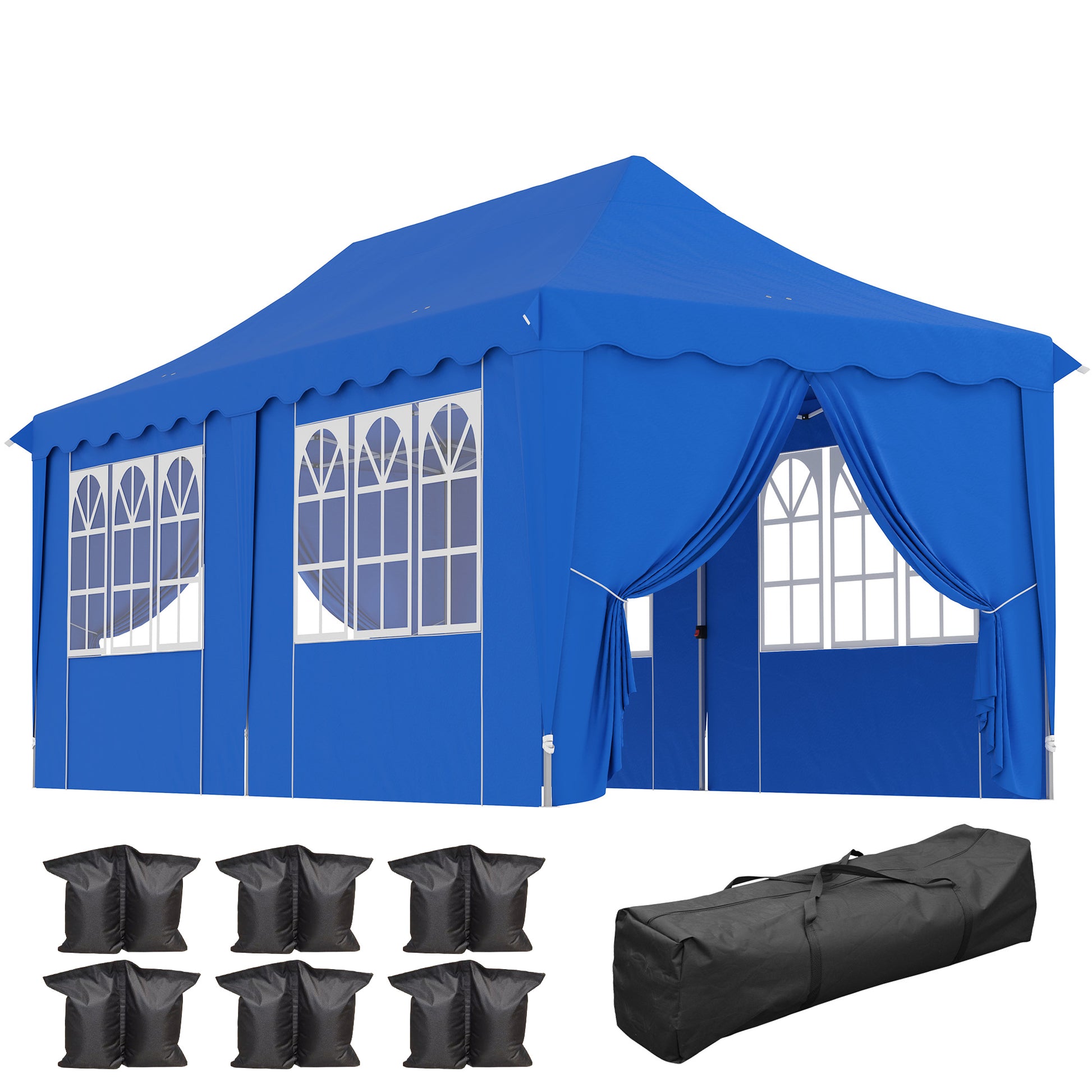 Outsunny Carpa Plegable Pop-up Gazebo 6x3x3,15 m Cenador Plegable con 6 Paredes Laterales Anti-UV Altura Ajustable Bolsa de Arena y Bolsa de Transporte para Camping Fiestas Azul